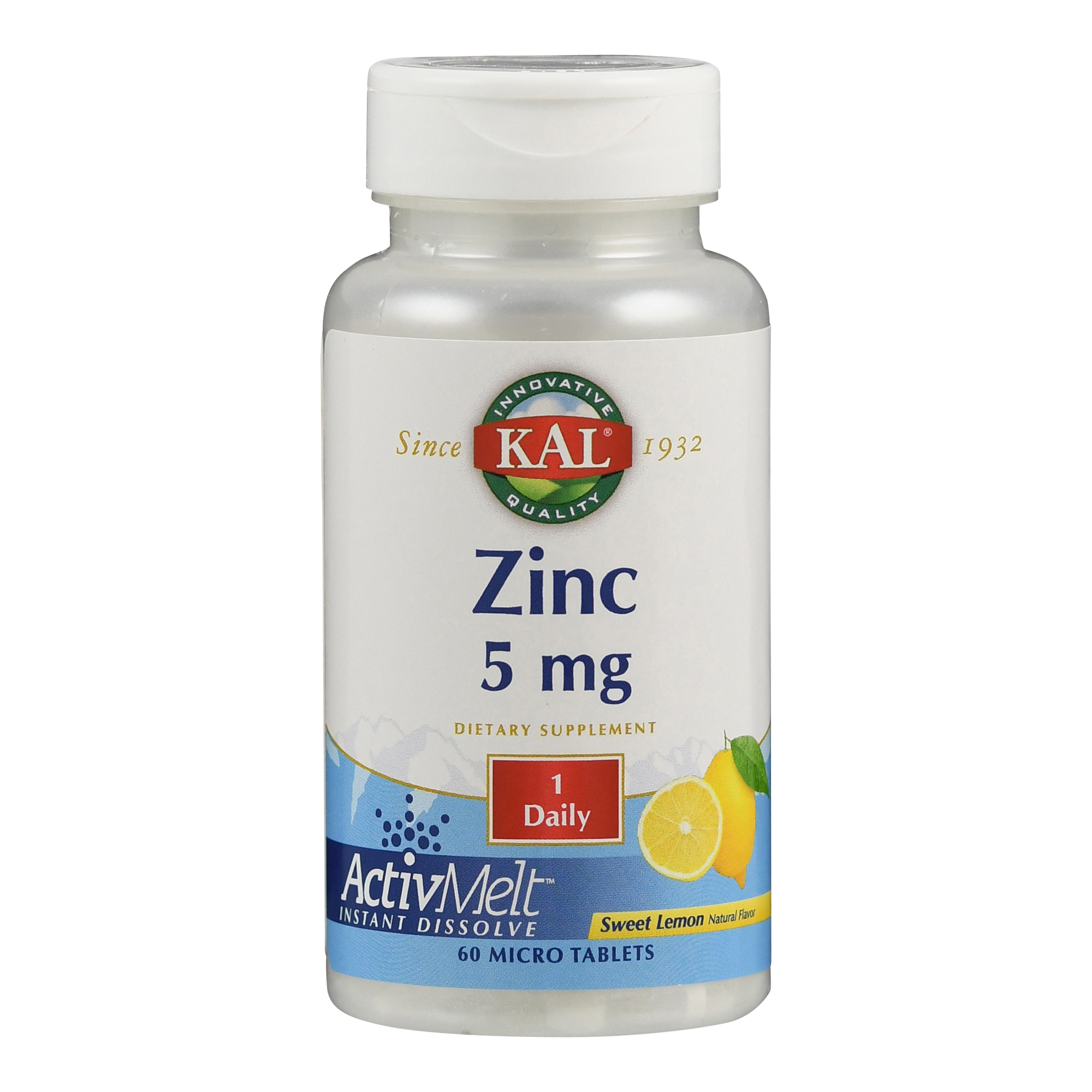 Flasche mit Zink-Ergänzungsmittel, 5 mg, 60 mikrotabletten, Geschmacksrichtung süße Zitrone.
