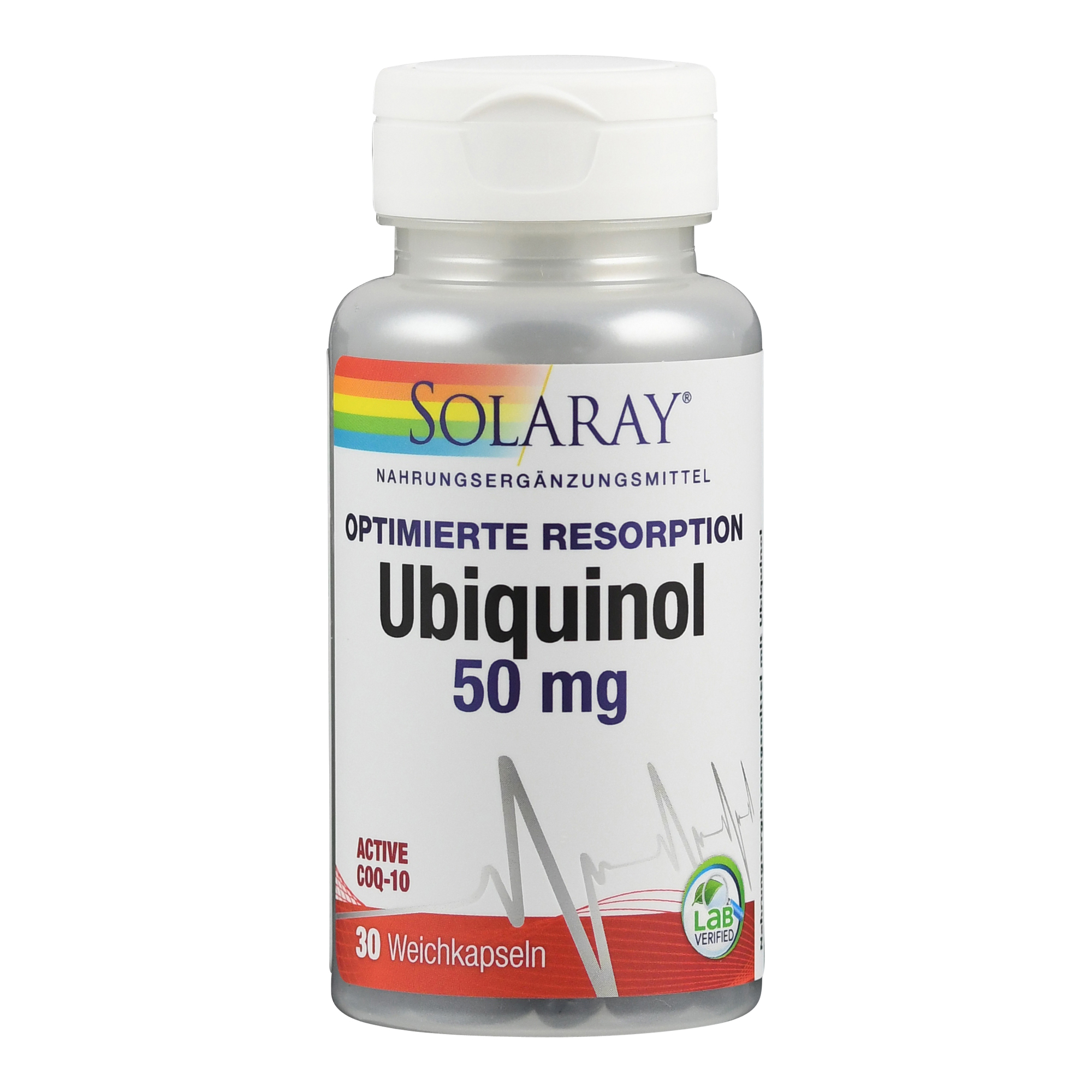 Flasche mit Nahrungsergänzungsmittel Ubiquinol 50 mg von Solaray, enthält 30 Weichkapseln.