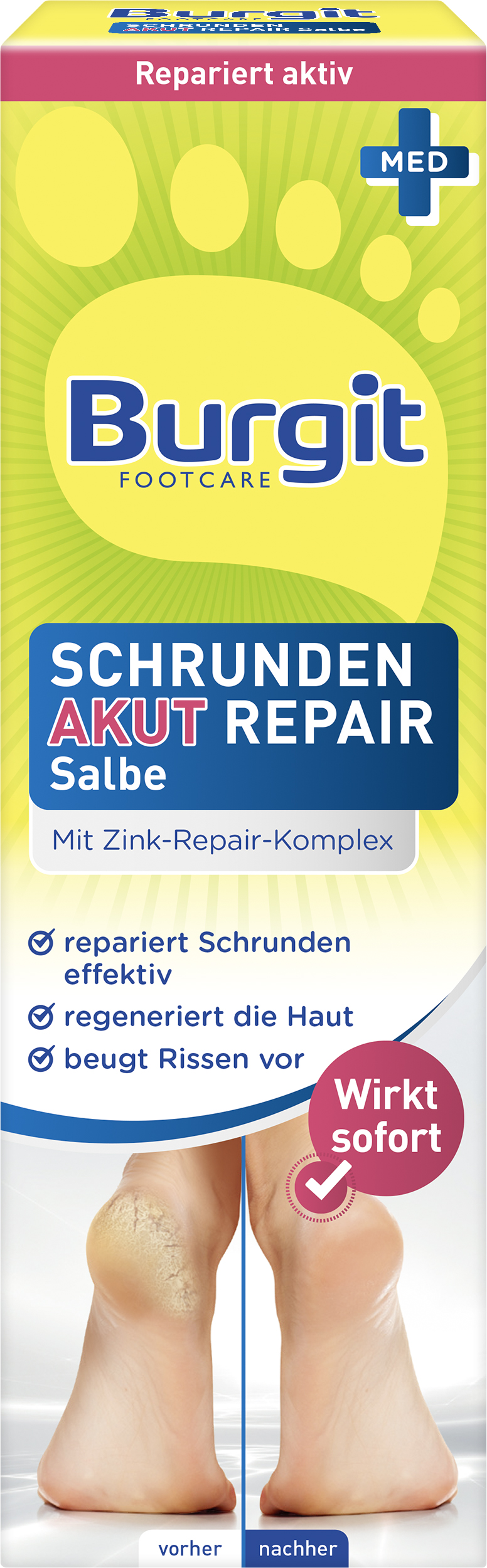 Produktverpackung von Burgit Footcare mit der Bezeichnung "Schrunden AKUT REPAIR Salbe", Informationen zu den Wirkungen und Inhaltsstoffen, Zeichnung von Füßen.