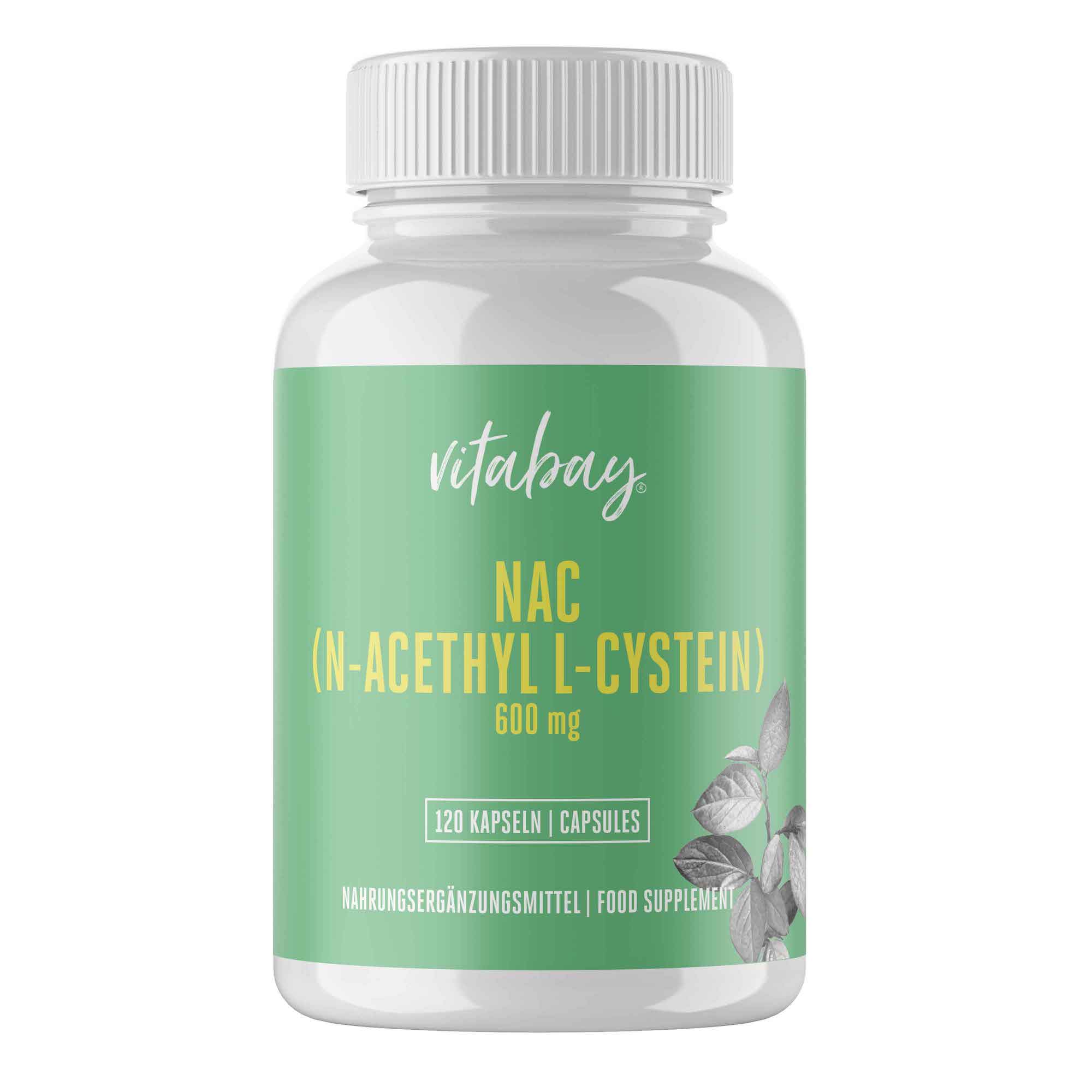 Weißes Supplement-Behältnis mit grünem Etikett, auf dem "vitabay", "NAC (N-Acetyl L-Cystein) 600 mg", "120 Kapseln" und "Nahrungsergänzungsmittel" steht.