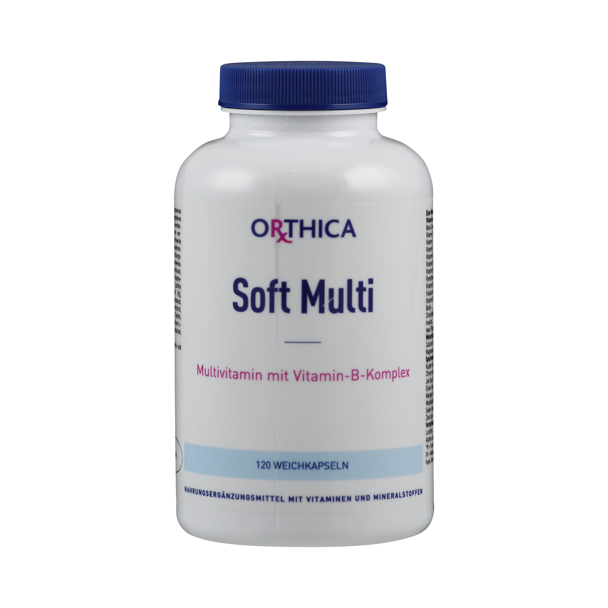 Weißer Flasche mit blauen Deckel, beschriftet mit "Soft Multi - Multivitamin mit Vitamin-B-Komplex", enthält 120 Weichkapseln.
