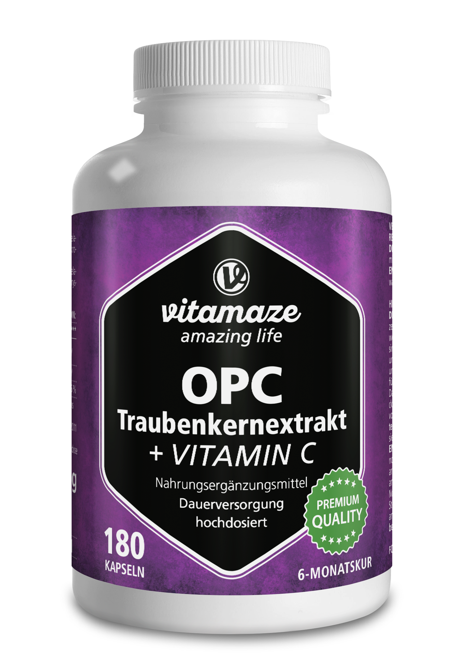 Weißer Plastikbehälter mit lila Etikett, beschriftet mit "vitamaze OPC Traubenkernextrakt + VITAMIN C", enthält 180 Kapseln.
