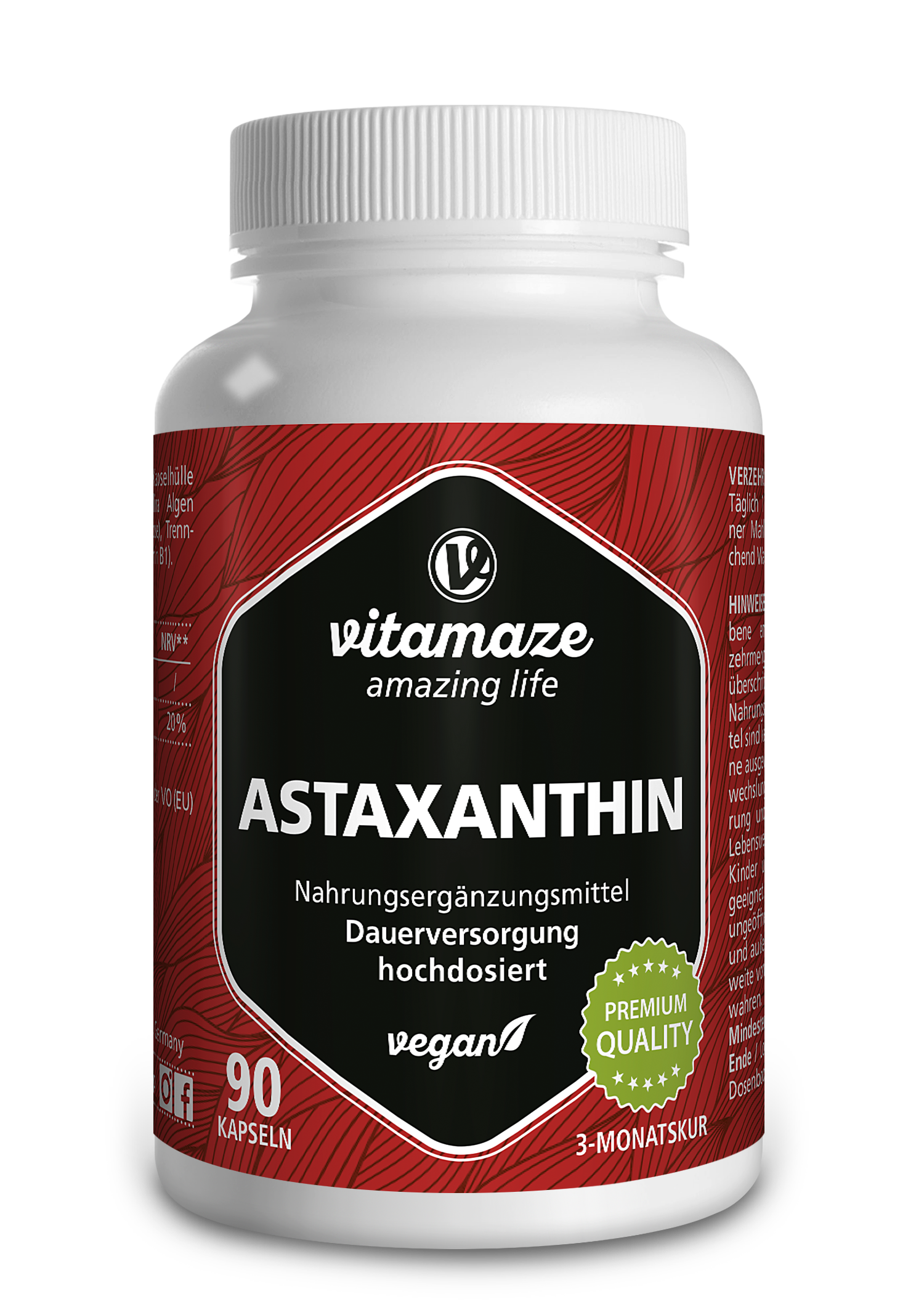 Weißes Fläschchen mit rotem Etikett, beschriftet mit "vitamaze amazing life ASTAXANTHIN", enthält 90 Kapseln und Hinweise zur veganen und hochwertigen Nahrungsergänzung.