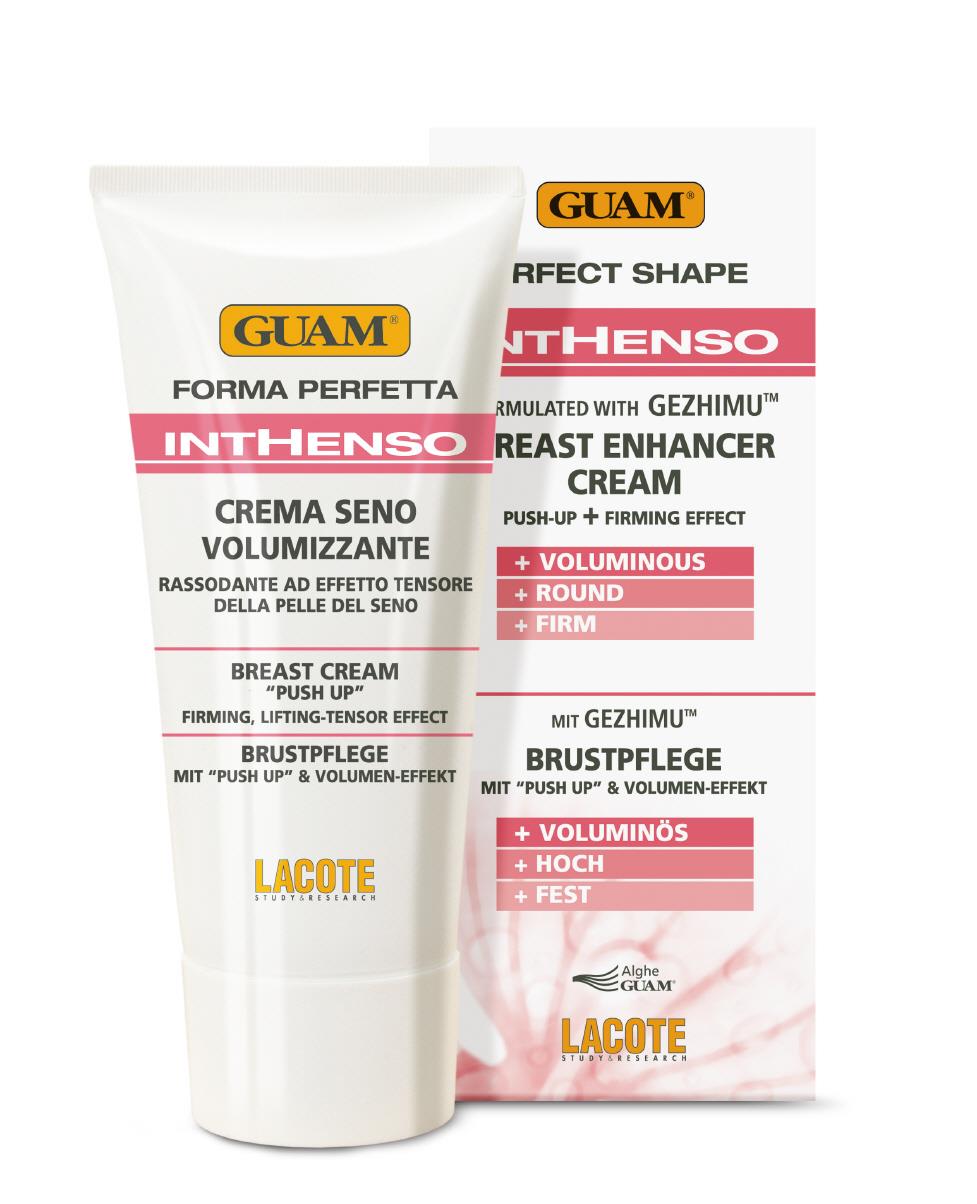 Tube mit GUAM INTHENSO Brustpflege-Creme und Verpackung, Beschreibung des Produkts in mehreren Sprachen.