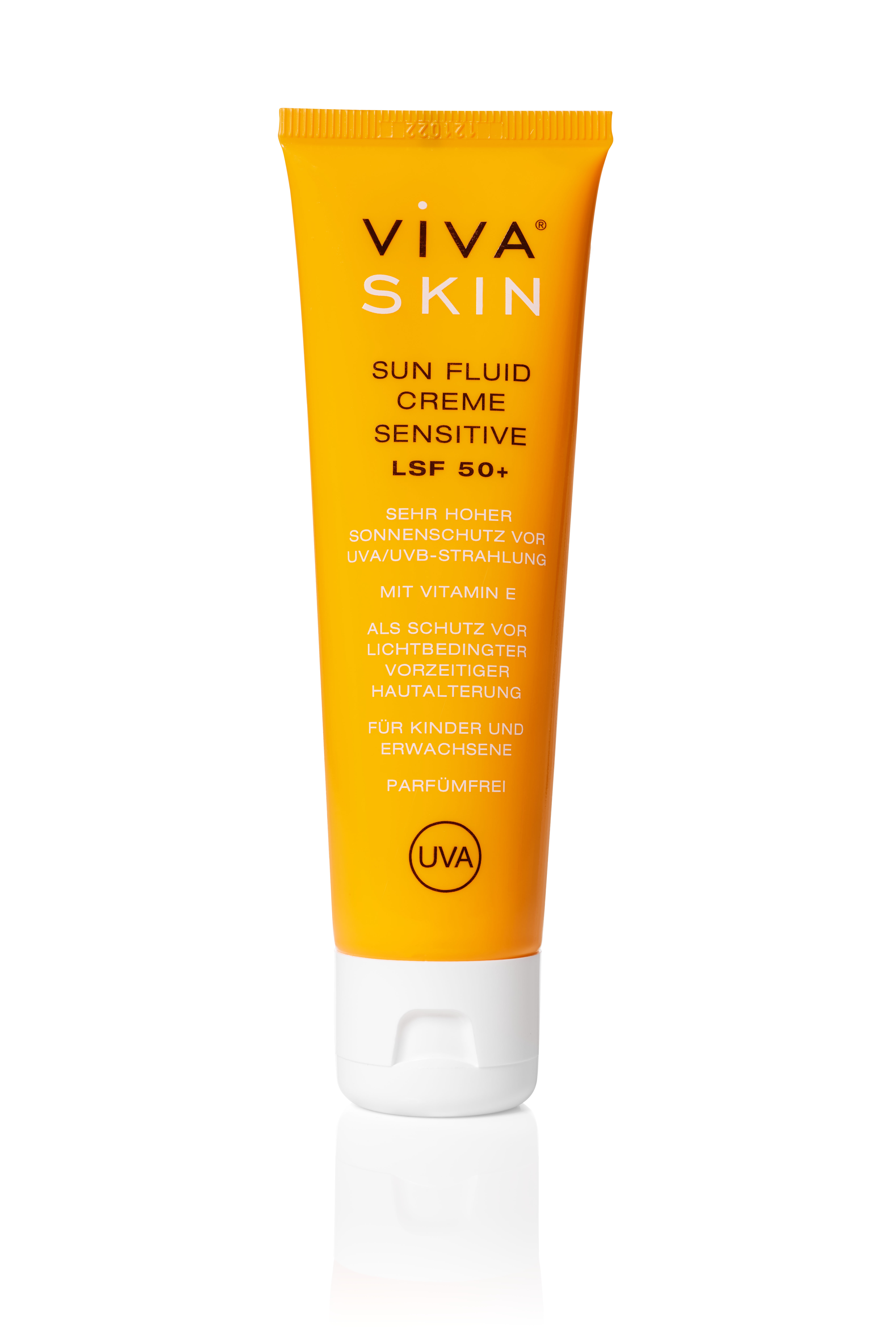 Tubenschachtel mit Sonnencreme "VIVA SKIN Sun Fluid Creme Sensitive" LSF 50+, in gelber Verpackung.