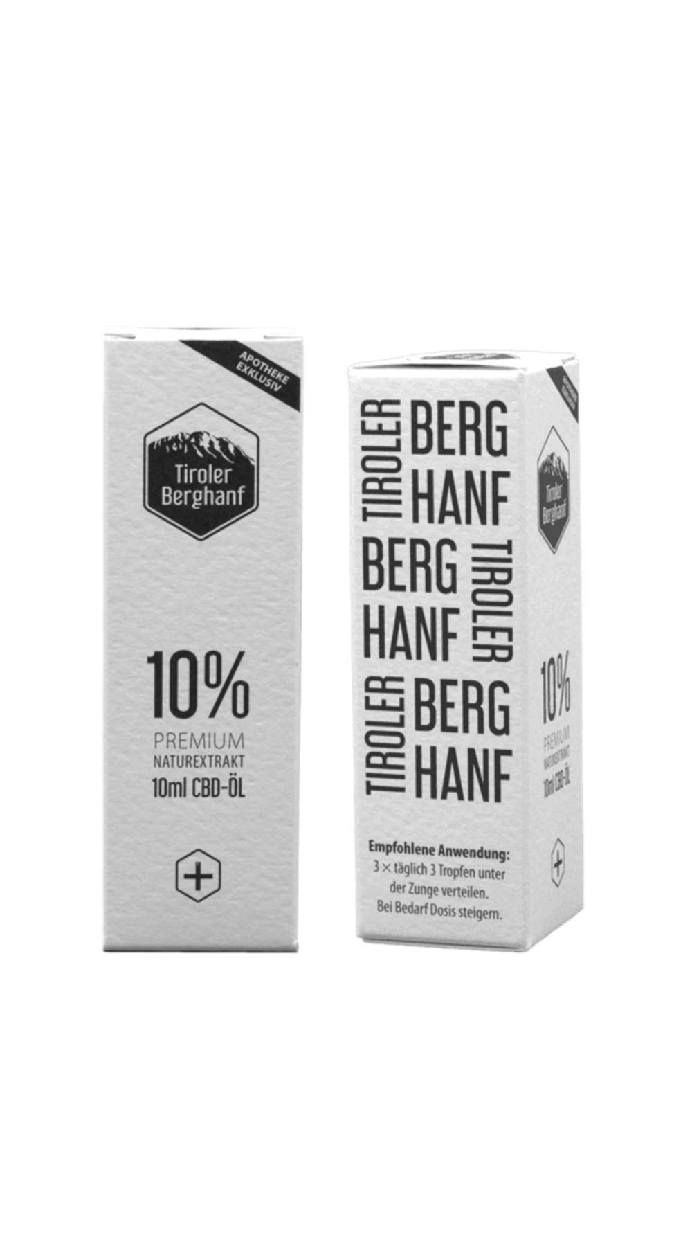 Verpackung von Tiroler Berghanf 10% CBD-Öl, 10 ml, mit Anwendungshinweisen.