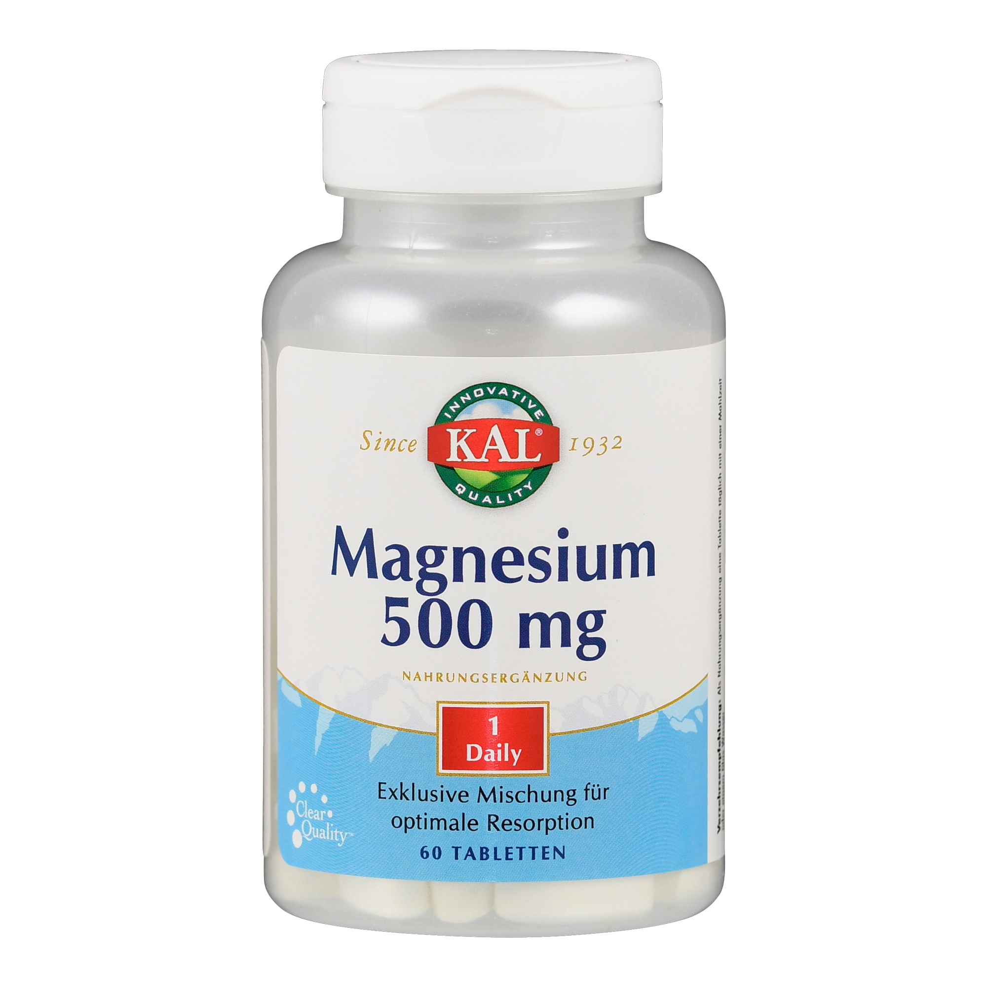 Flasche mit Magnesium 500 mg Nahrungsergänzung, 60 Tabletten, von der Marke KAL.