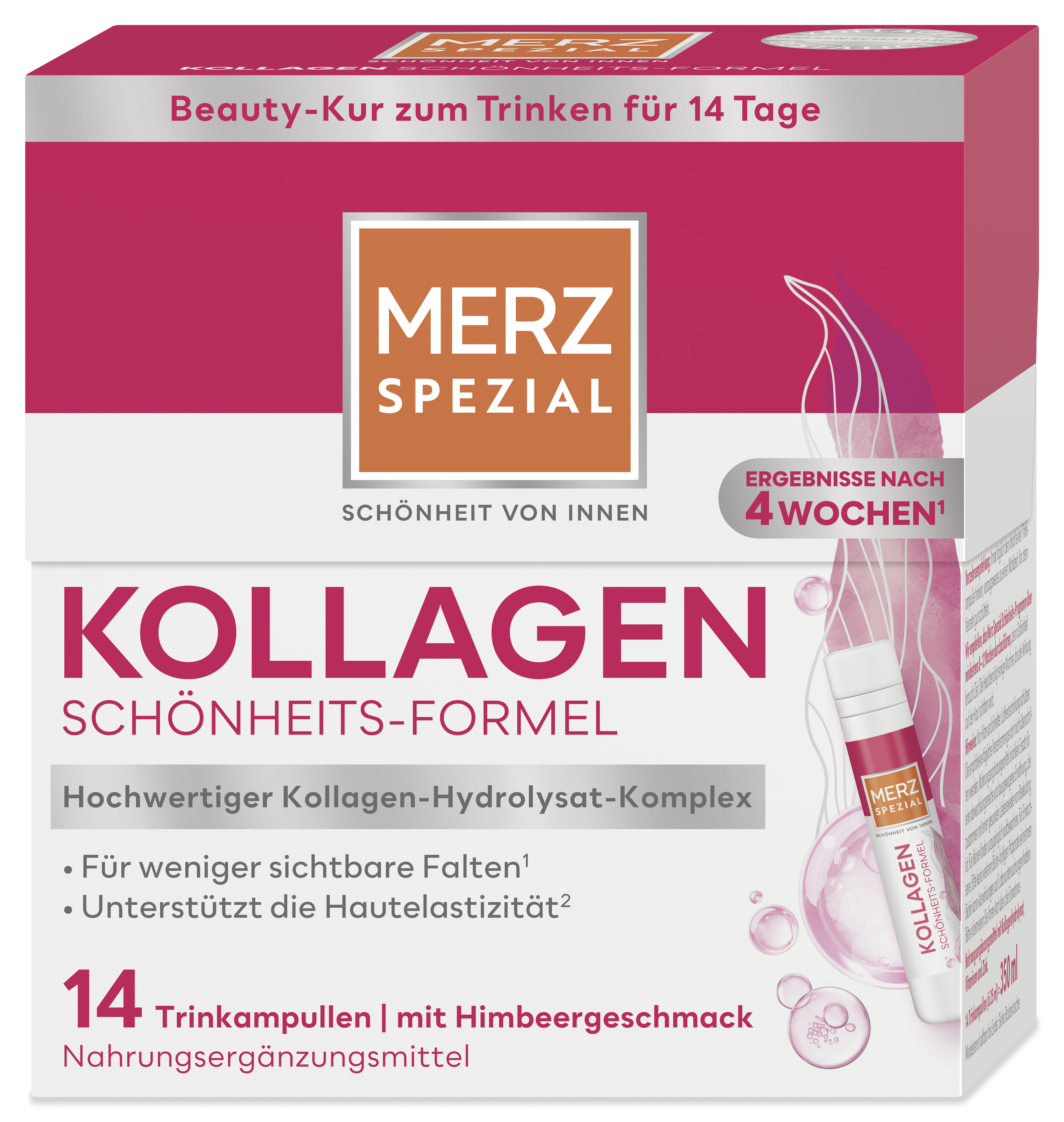 Produktverpackung für eine 14-tägige Beauty-Kur mit Kollagen, die auf Faltenreduzierung und Hautelastizität abzielt, in rosa und weiß mit der Aufschrift "MERZ SPEZIAL".