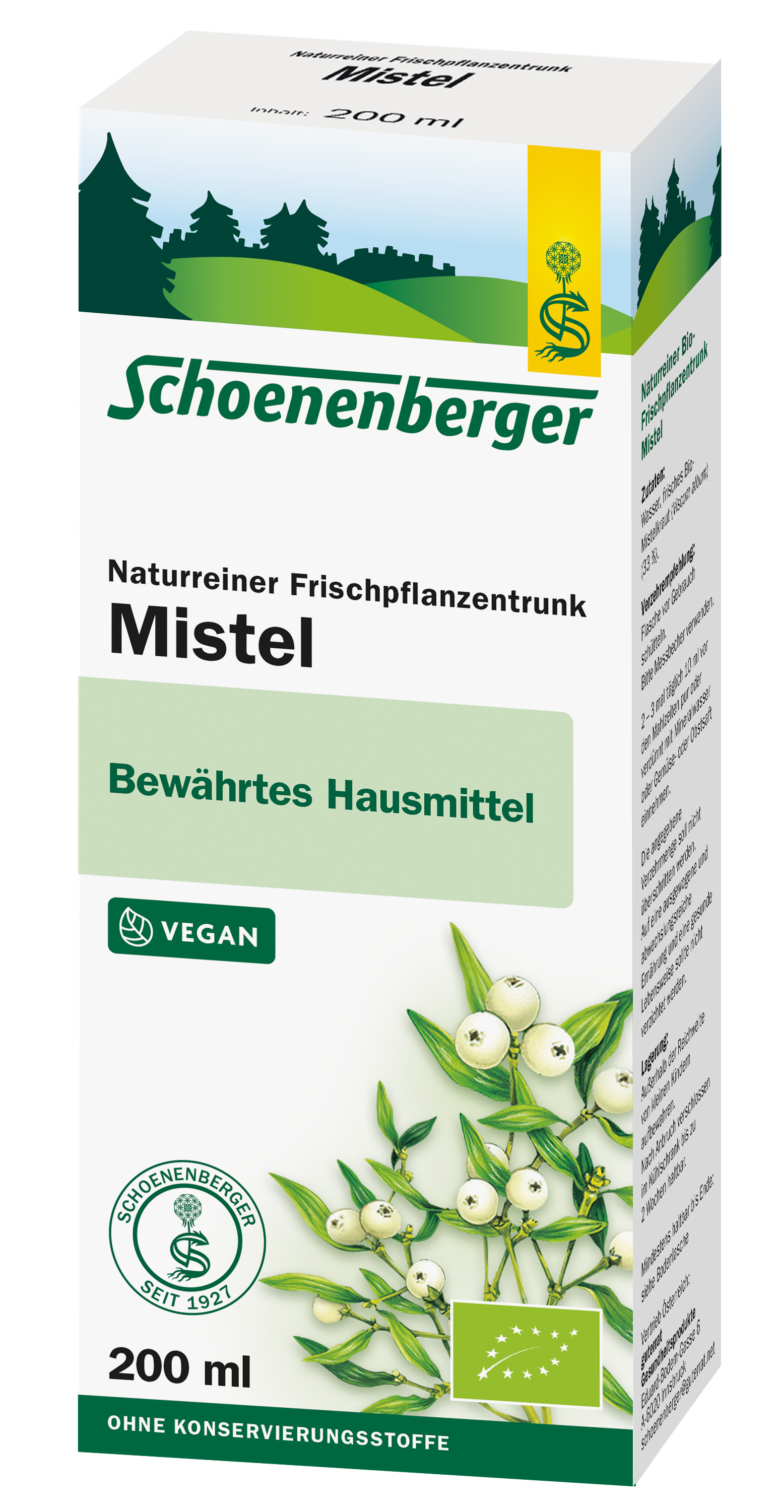 Verpackung des naturreinen Frischpflanzentrunks Mistel von Schoenenberger, 200 ml, mit der Aufschrift "Bewährtes Hausmittel" und veganem Symbol.