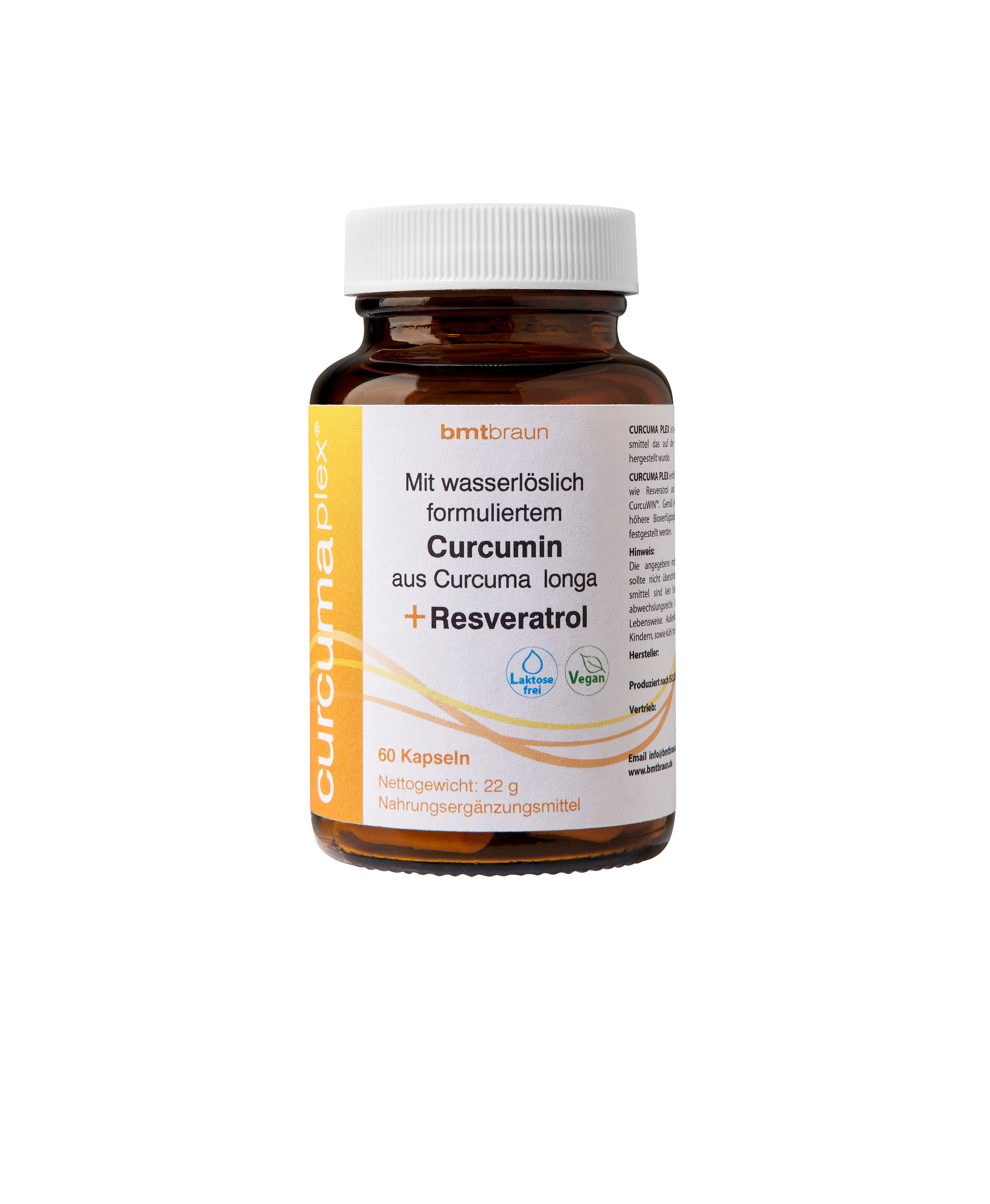 Braun-Orange Flasche mit Kapseln, beschriftet mit "curcumaplex" und Informationen zu Inhaltsstoffen wie Curcumin und Resveratrol.
