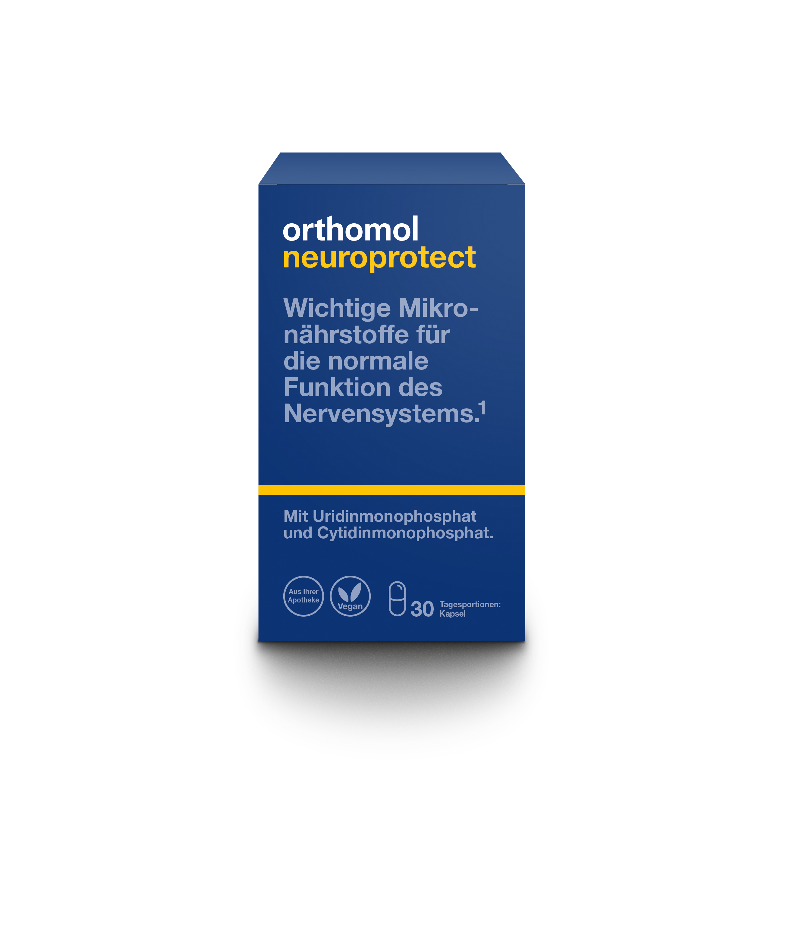 Packung mit orthomol neuroprotect, einem Nahrungsergänzungsmittel mit Hinweis auf Mikronährstoffe für das Nervensystem.
