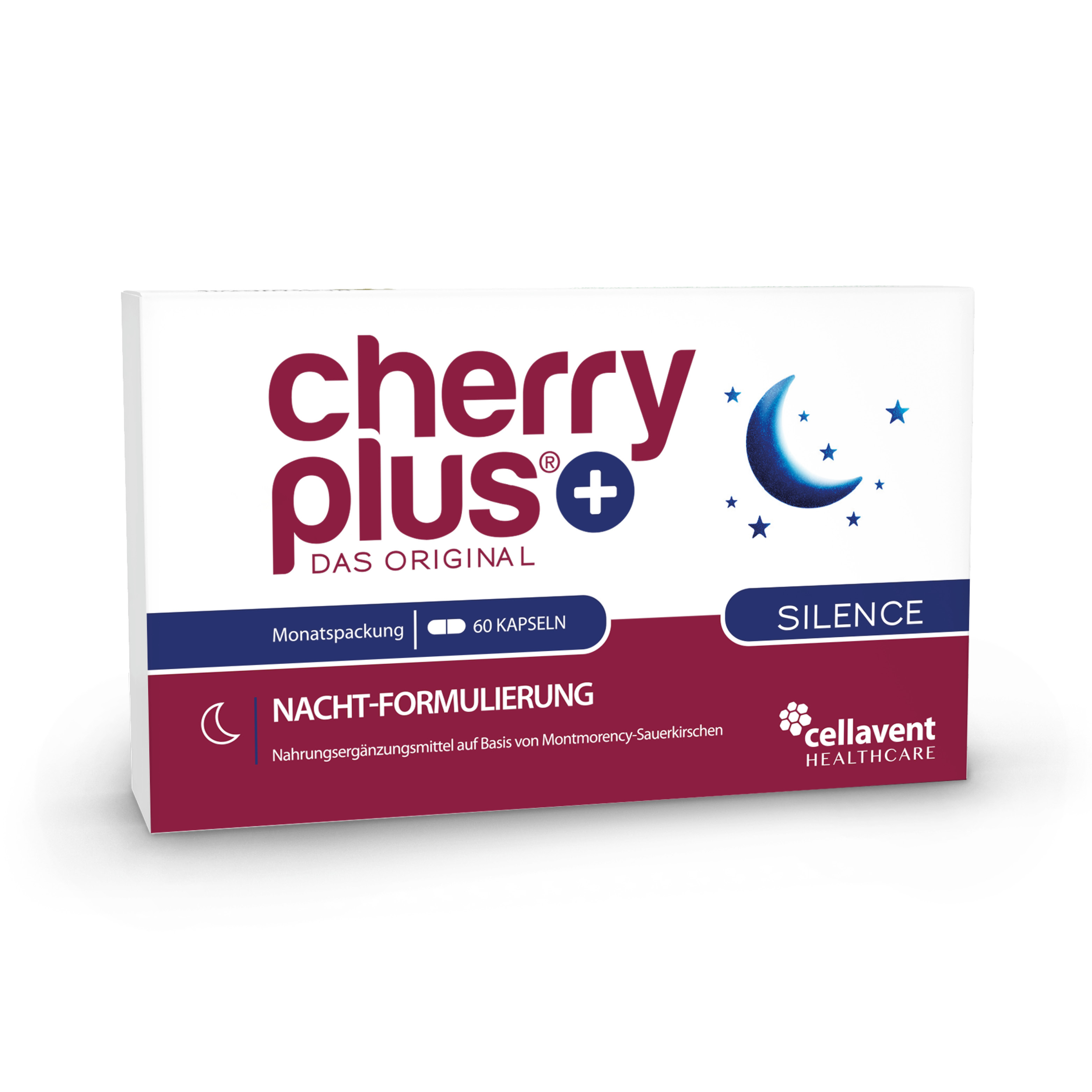 Verpackung von Cherry Plus Nacht-Formulierung mit 60 Kapseln und dem Schriftzug "SILENCE".
