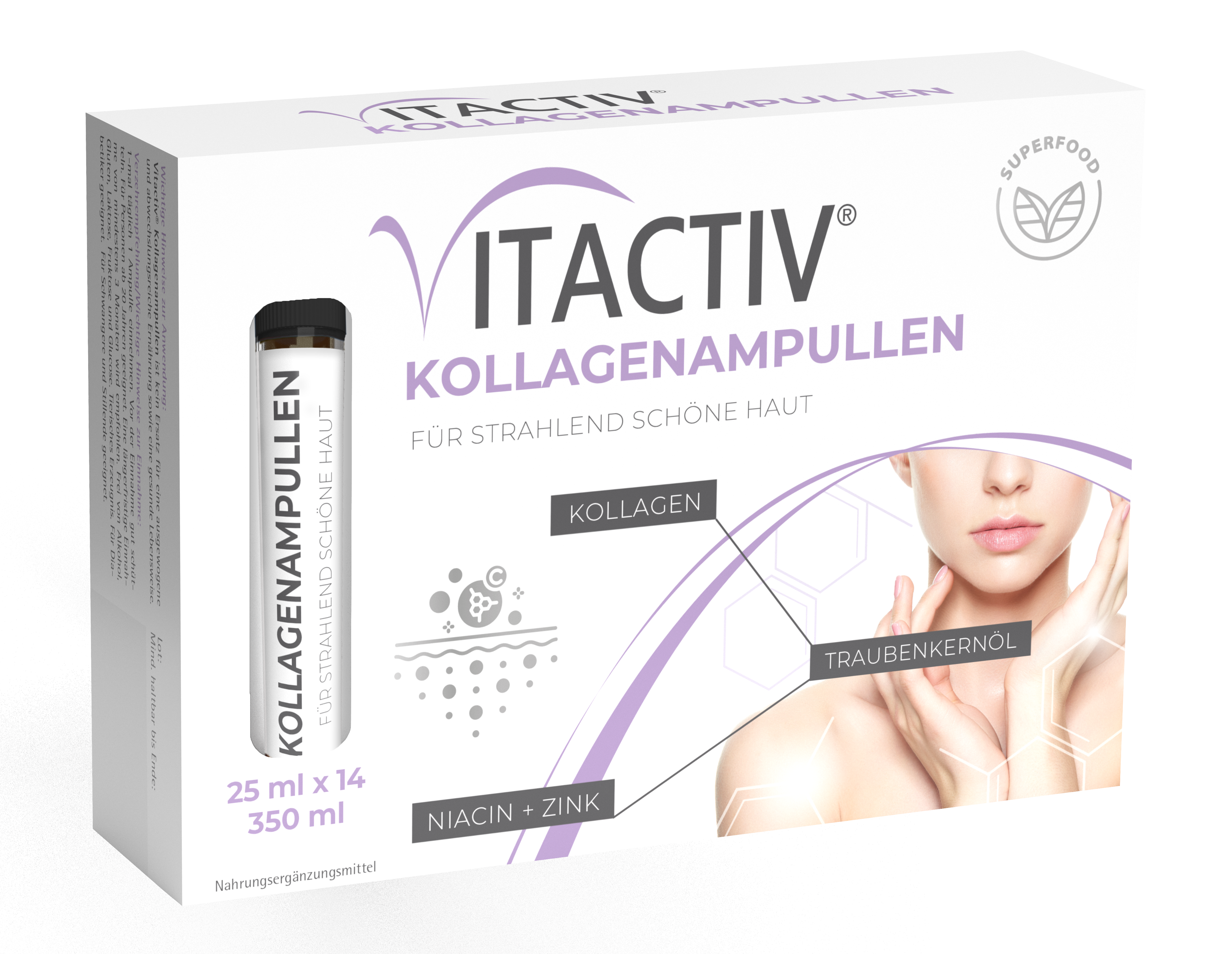 Verpackung von VITACTIV Kollagenampullen mit der Aufschrift "Für strahlend schöne Haut" und Angaben zu Inhaltsstoffen wie Kollagen, Traubenkerne, Niacin und Zink.