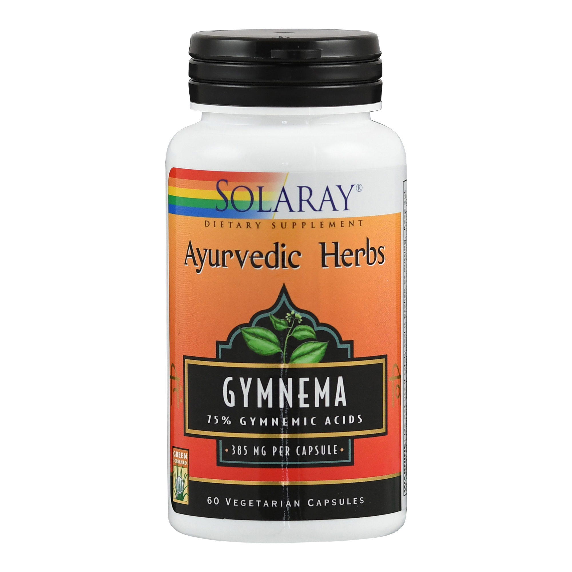 Flasche mit 60 vegetarischen Kapseln Gymnema von Solaray, mit einem Etikett, das die Inhaltsstoffe und Dosierung angibt.