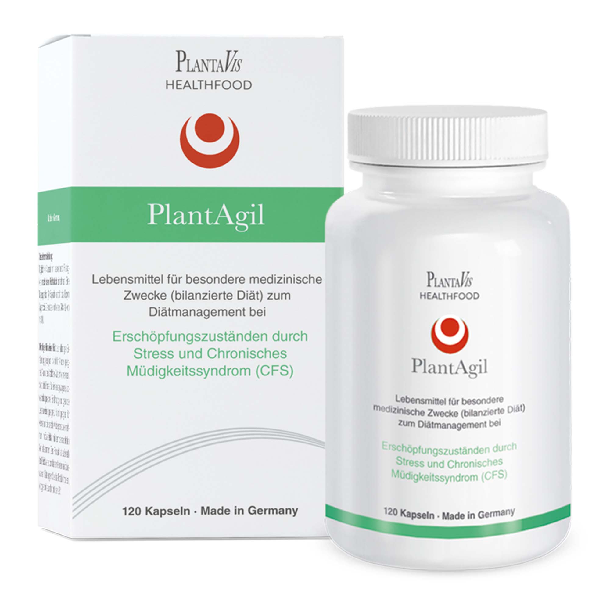 Produktverpackung und Flasche von PlantAgil, einem Nahrungsergänzungsmittel zur Unterstützung bei Stress und chronischem Müdigkeitssyndrom, mit 120 Kapseln.