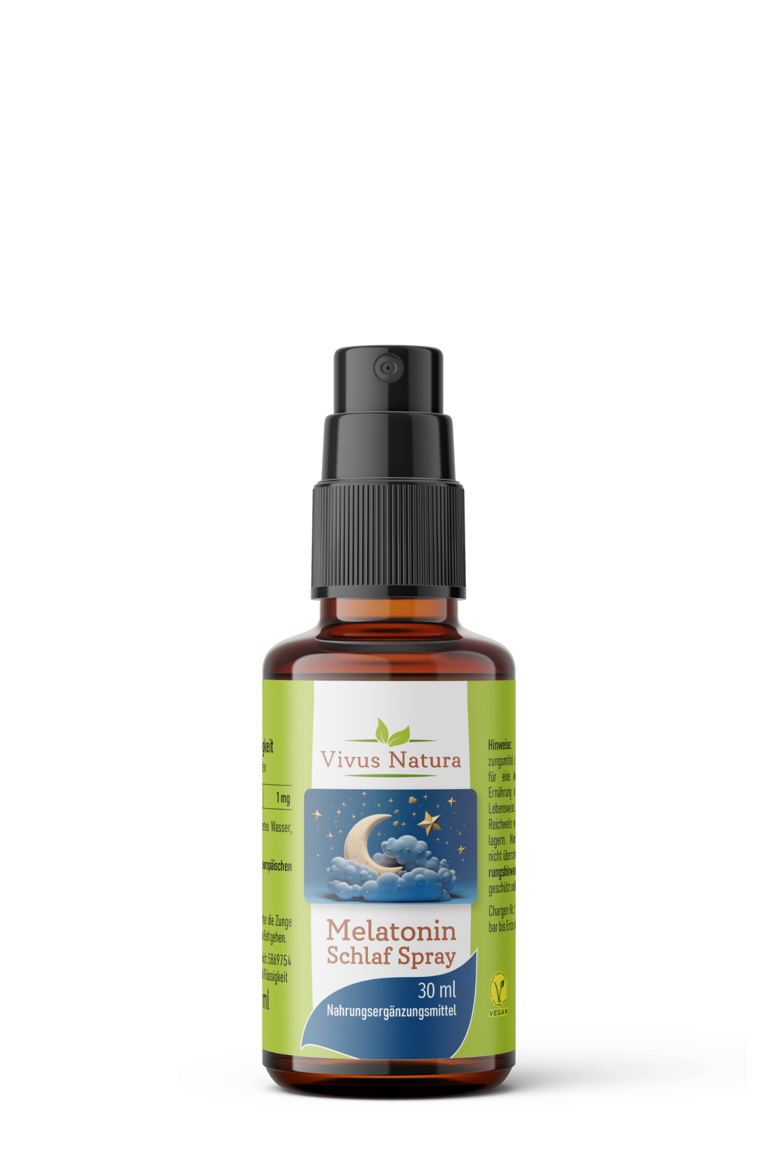Braunglasflasche mit Sprühkopf, beschriftet mit "Vivus Natura Melatonin Schlaf Spray 30 ml".