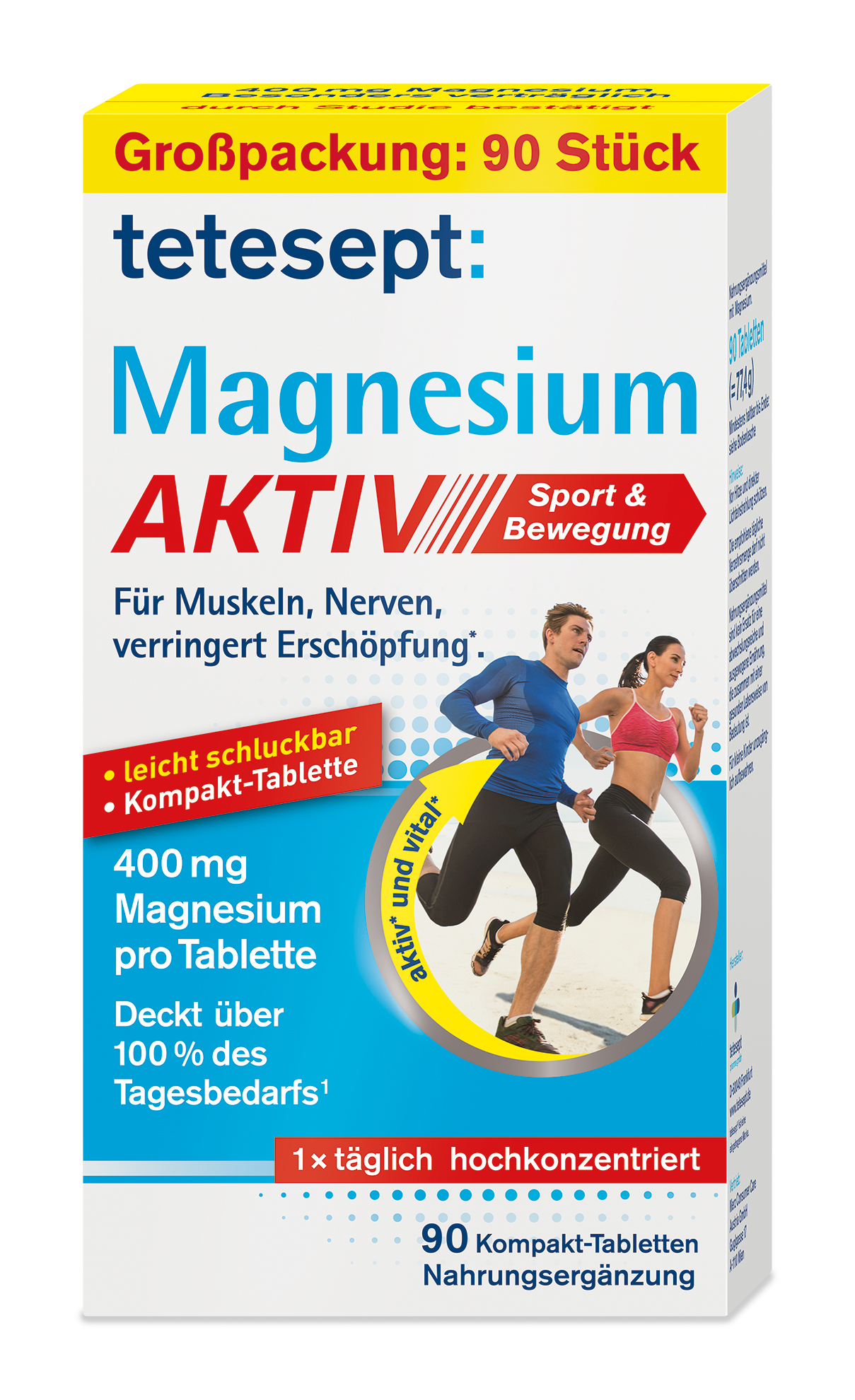 Verpackung von tetesept Magnesium aktiv Sport und Bewegung, 90 Kompakt-Tabletten, mit Angaben zu Inhaltsstoffen und Anwendungsbereich.