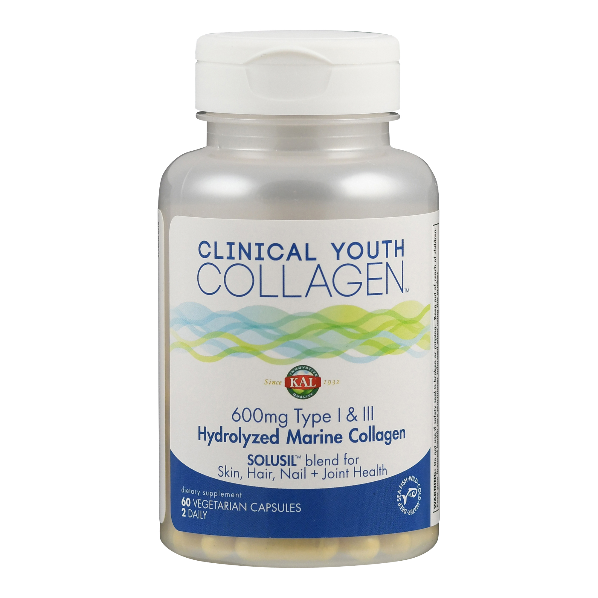 Flasche mit Nahrungsergänzungsmittel für Kollagen, auf Etikett steht "Clinical Youth Collagen", enthält 60 vegetarische Kapseln, empfohlen 2 täglich.