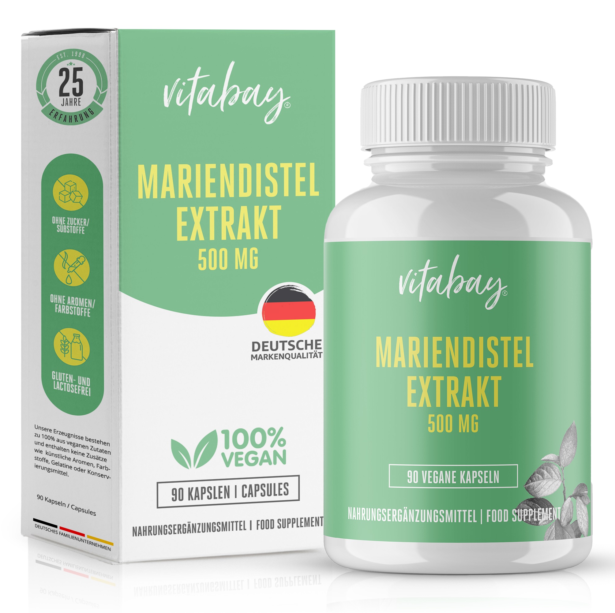 Flasche mit Mariendistel-Extrakt (500 mg) und Verpackung, vegan, 90 Kapseln.
