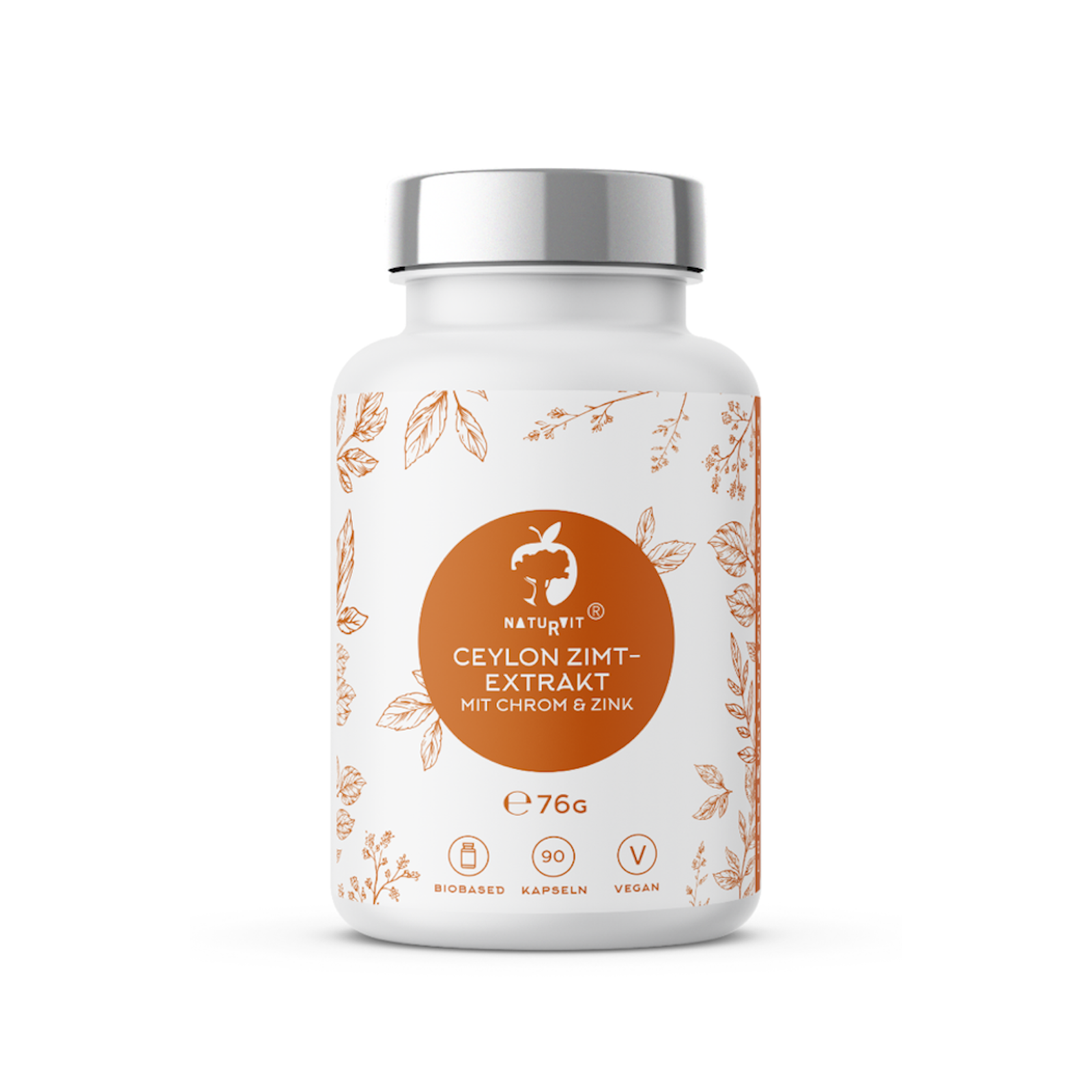 Weißes Fläschchen mit orangefarbenem Etikett, beschriftet mit "Ceylon Zimt-Extrakt mit Chrom & Zink", enthält 90 Kapseln, bioderived und vegan.