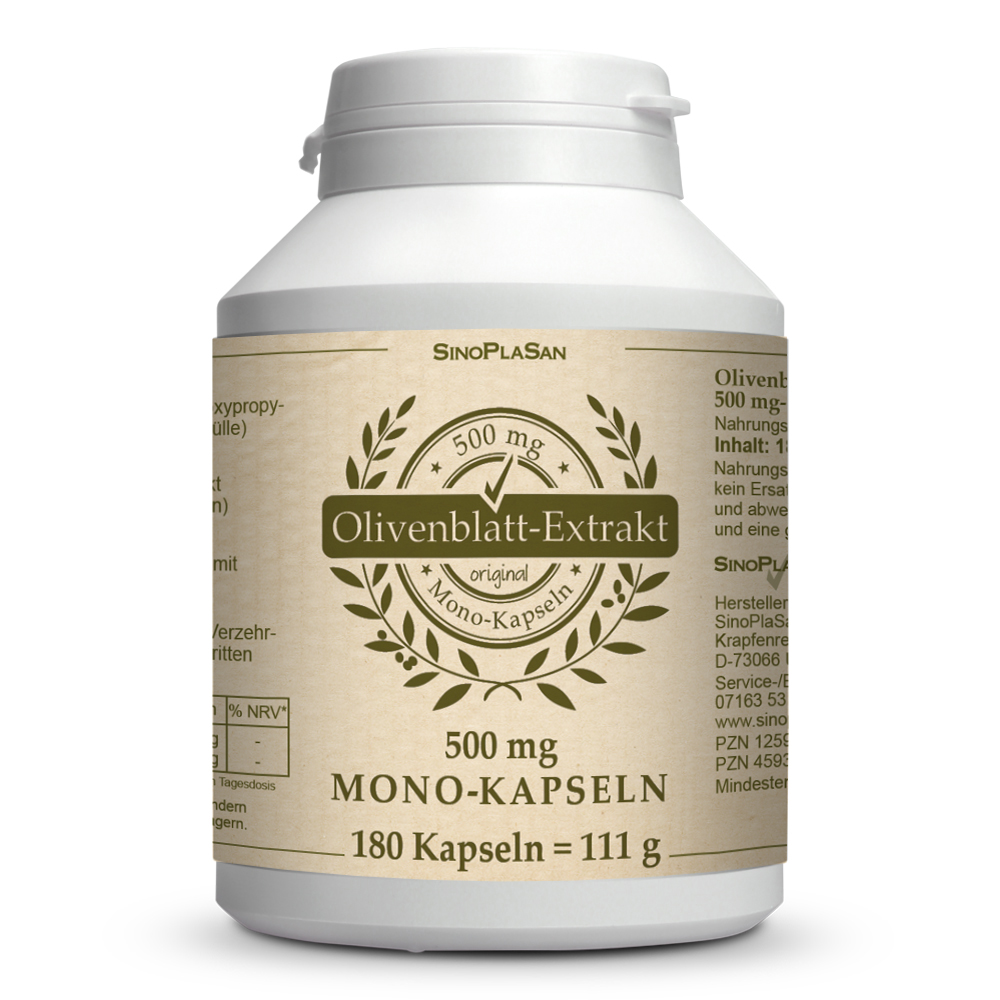 Dietary supplement bottle with olive leaf extract, containing 500 mg per capsule, 180 capsules, 111 g total weight.