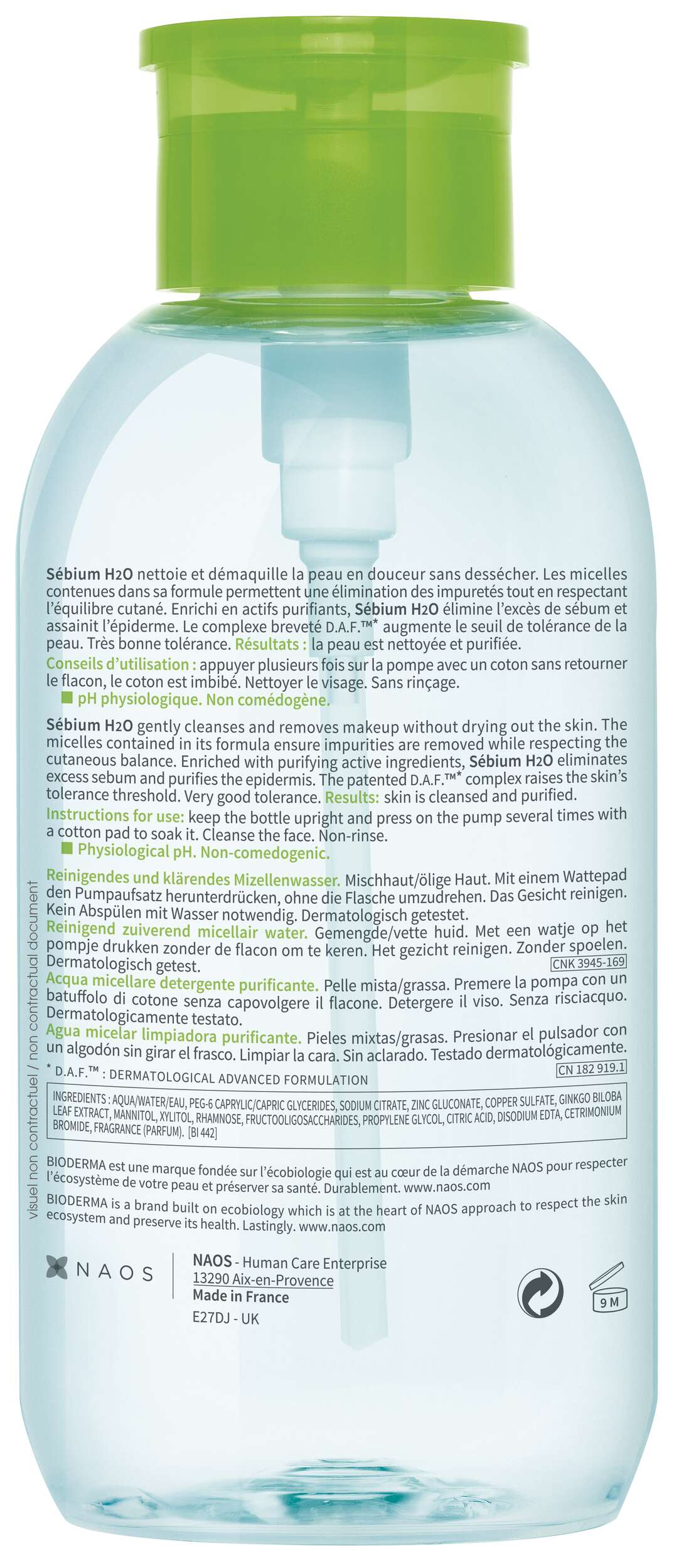 Flasche mit Gesichtswasser, transparent, mit grünem Deckel und Pumpe, Etikett auf Französisch und Englisch.