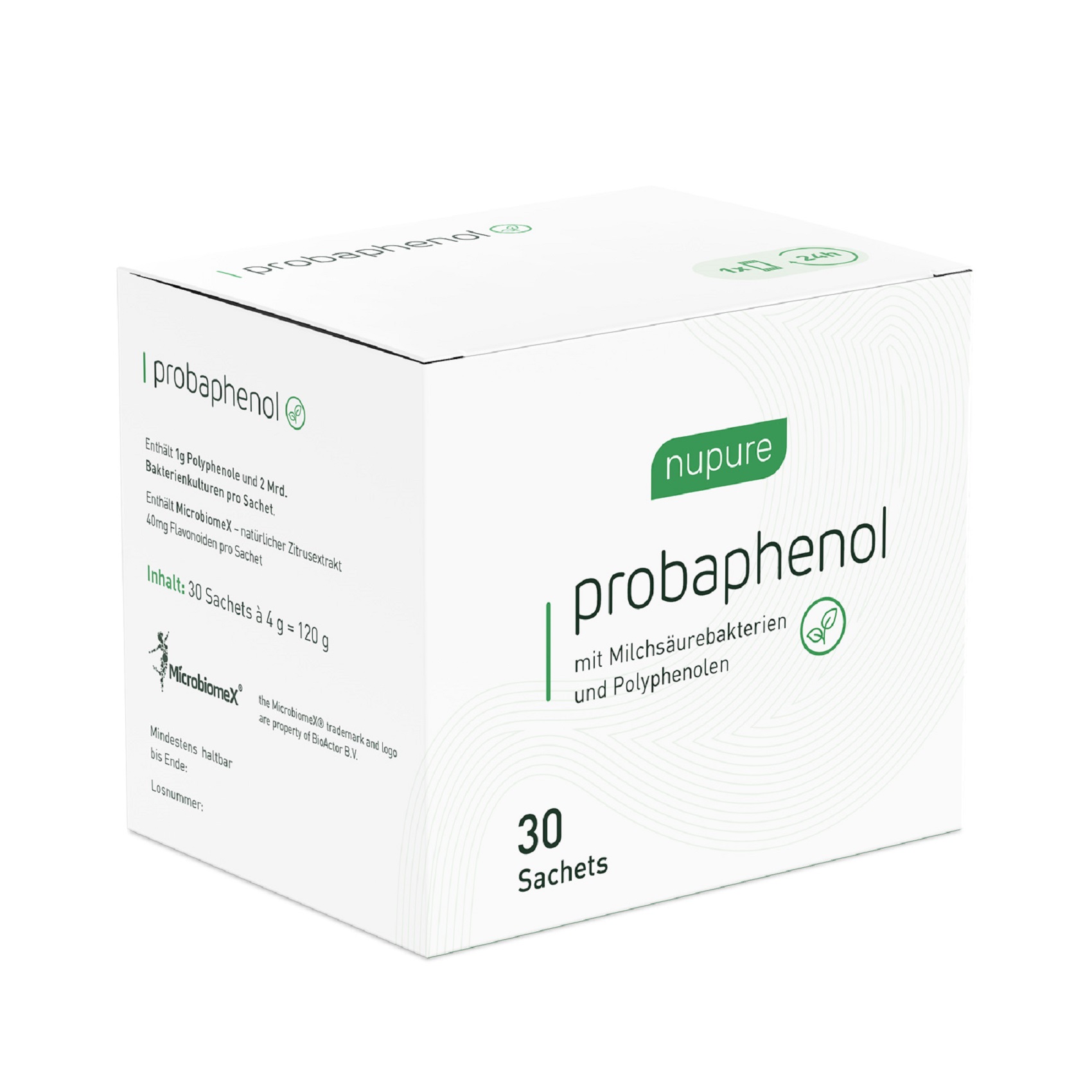 Weißer Karton mit der Aufschrift "nupure probaphenol", enthält 30 Sachets mit Milchsäurebakterien und Polyphenolen.