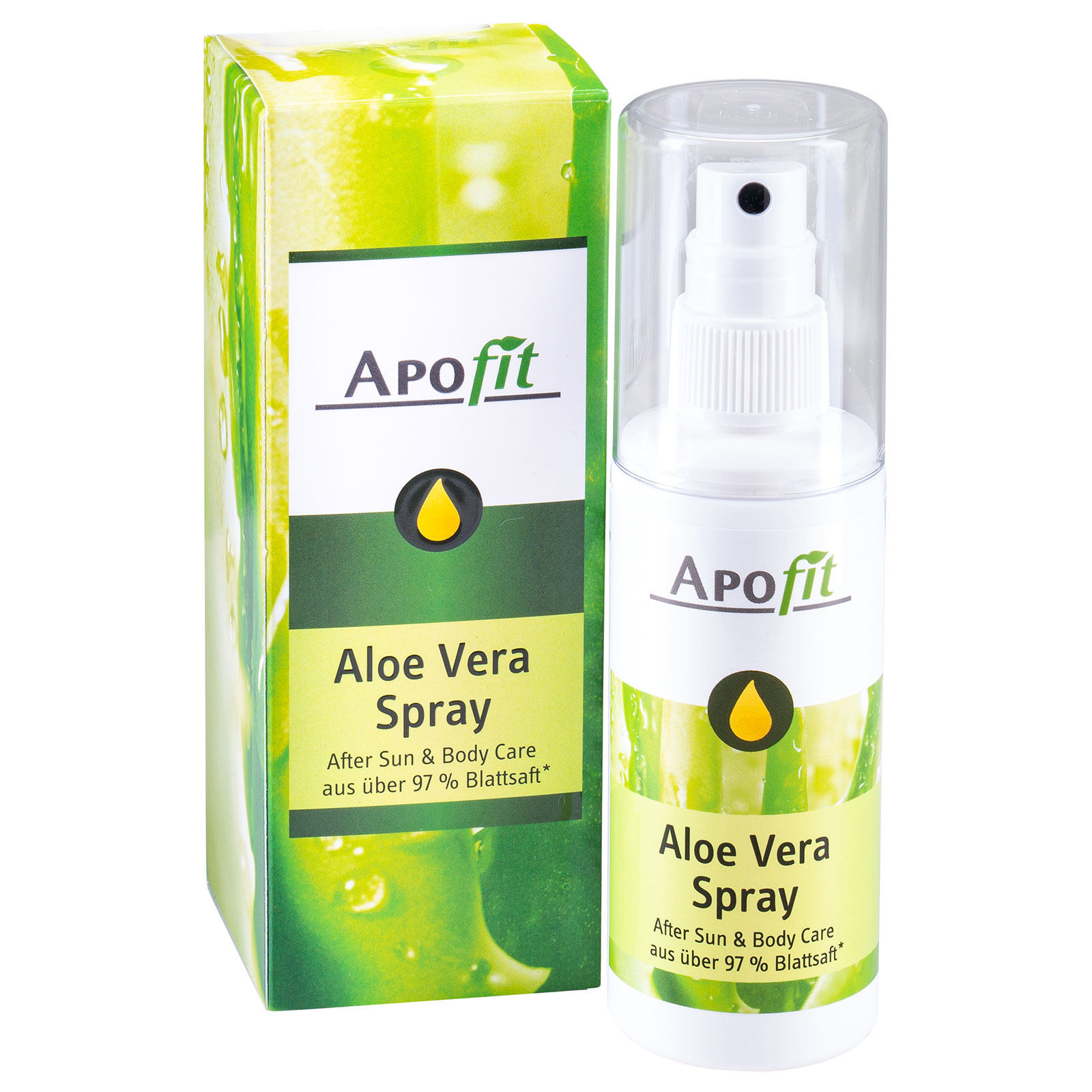 Aloe Vera Spray in einer weißen Sprühflasche mit grünem Etikett und dazugehöriger Verpackung.