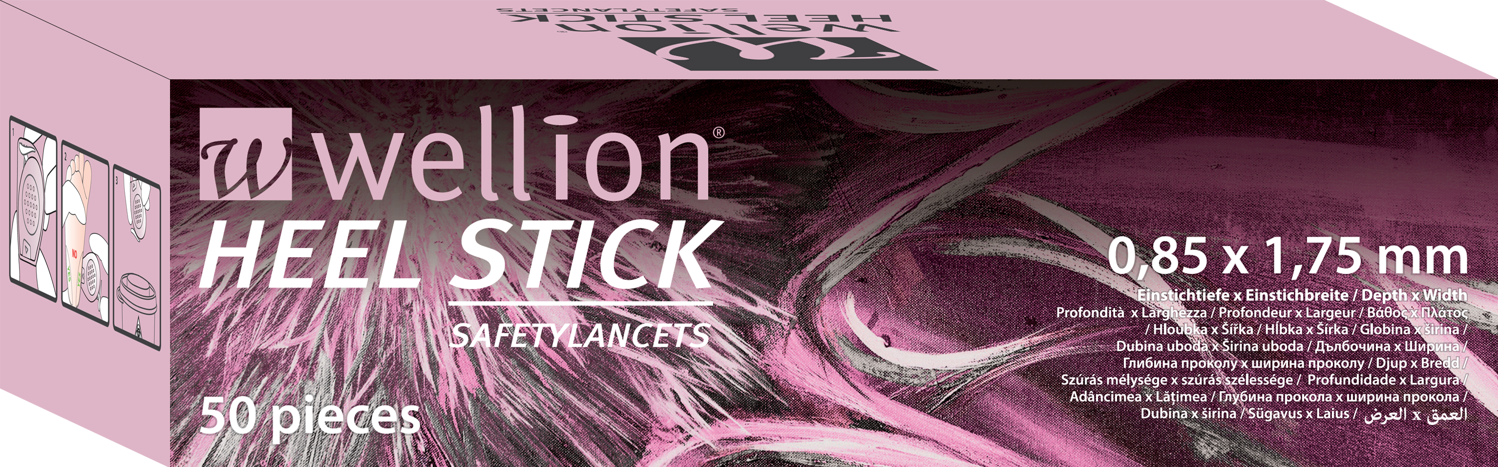 Produktverpackung für Wellion Heel Stick, Sicherheitslanzen, 50 Stück, mit Maßangabe 0,85 x 1,75 mm.