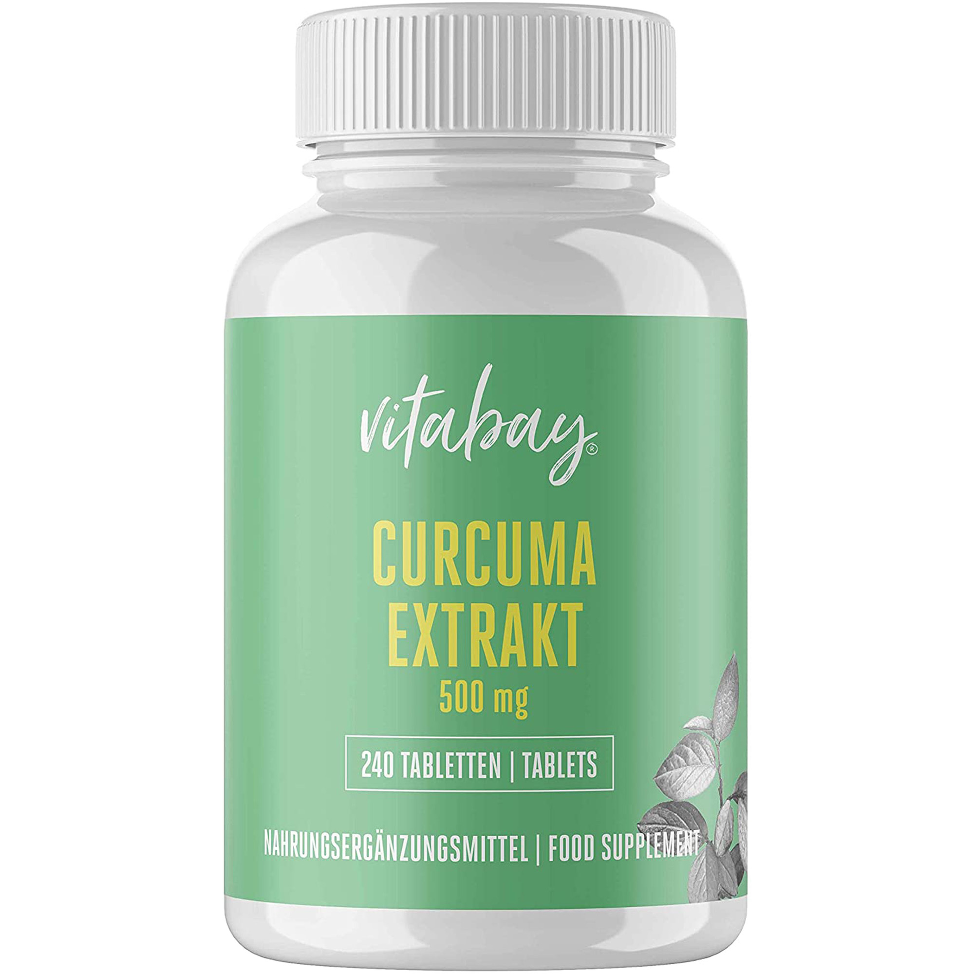 Weißes Fläschchen mit grüner Etikettierung, das Curcuma Extrakt (500 mg, 240 Tabletten) enthält.