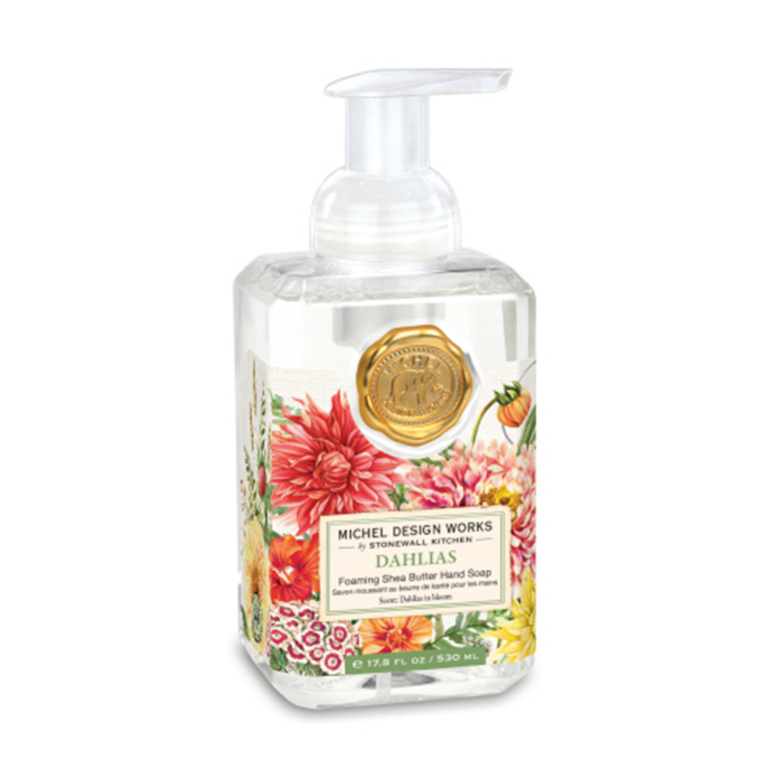 Seife in einer transparenten Pumpflasche mit floralem Etikett, beschriftet mit "Dahlien".