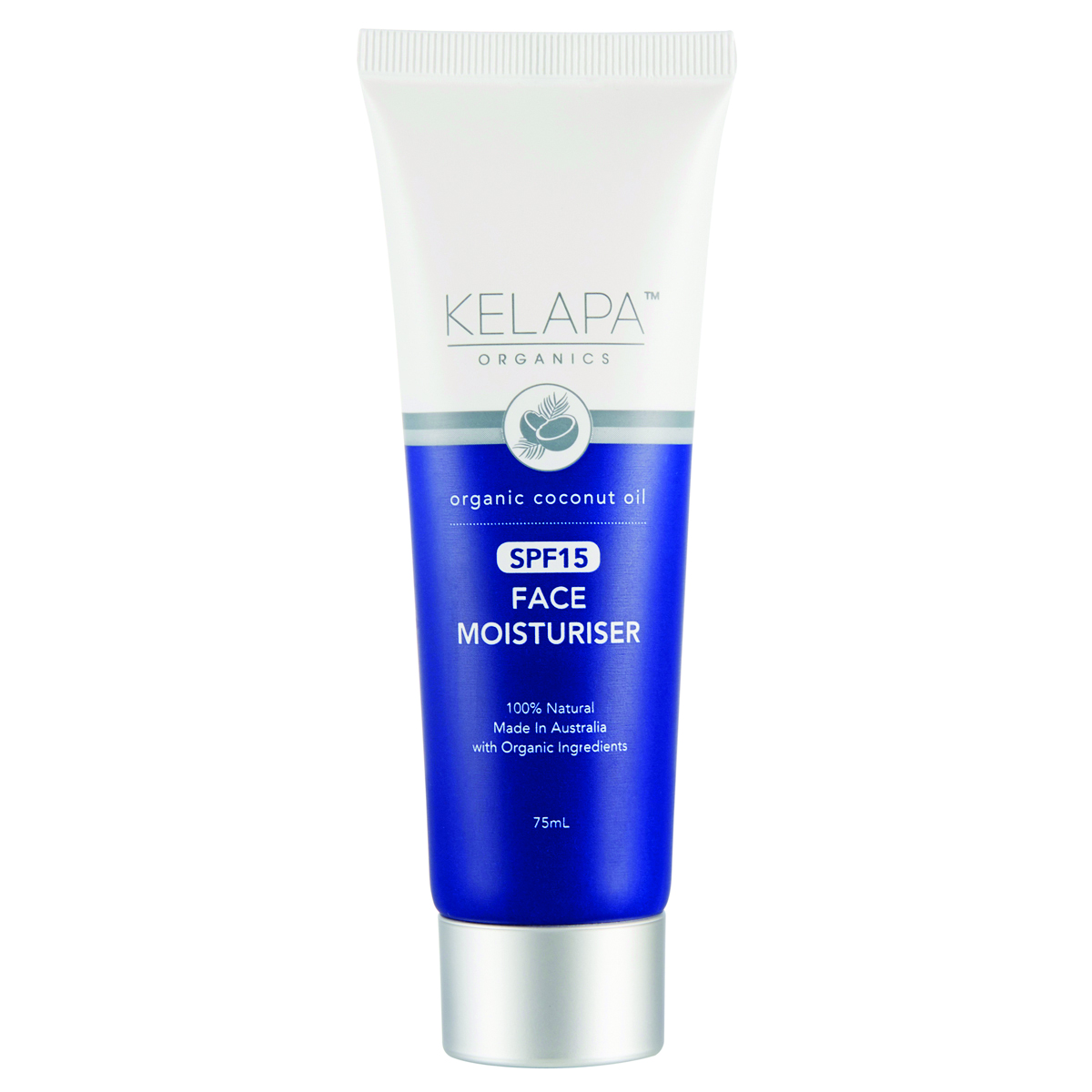 Tube mit Gesichtsfeuchtigkeitsspender, SPF 15, Marke KELAPA, mit organischem Kokosnussöl.