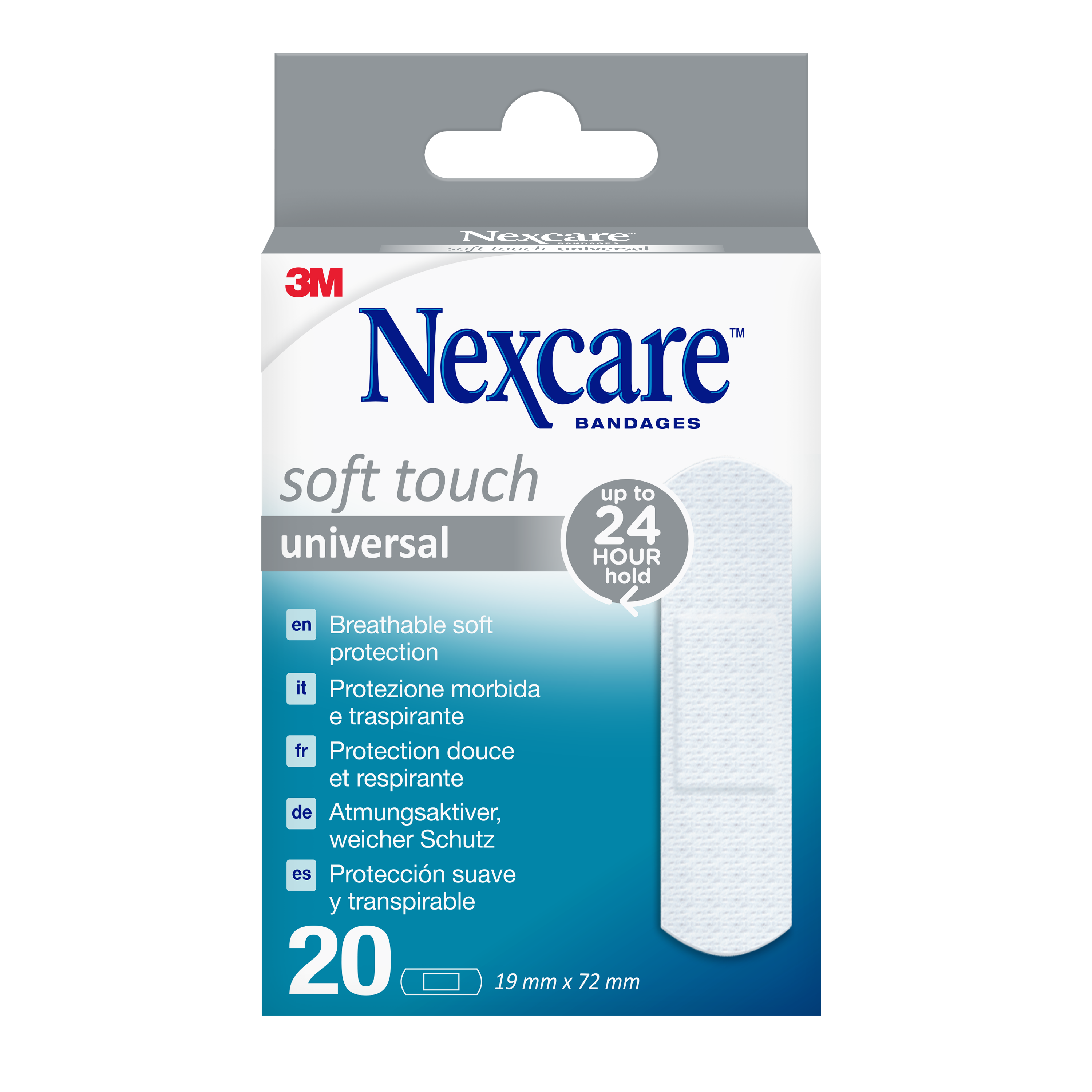 Packung mit Nexcare Soft Touch Pflastern, 20 Stück, Beschreibung und technische Details in mehreren Sprachen.