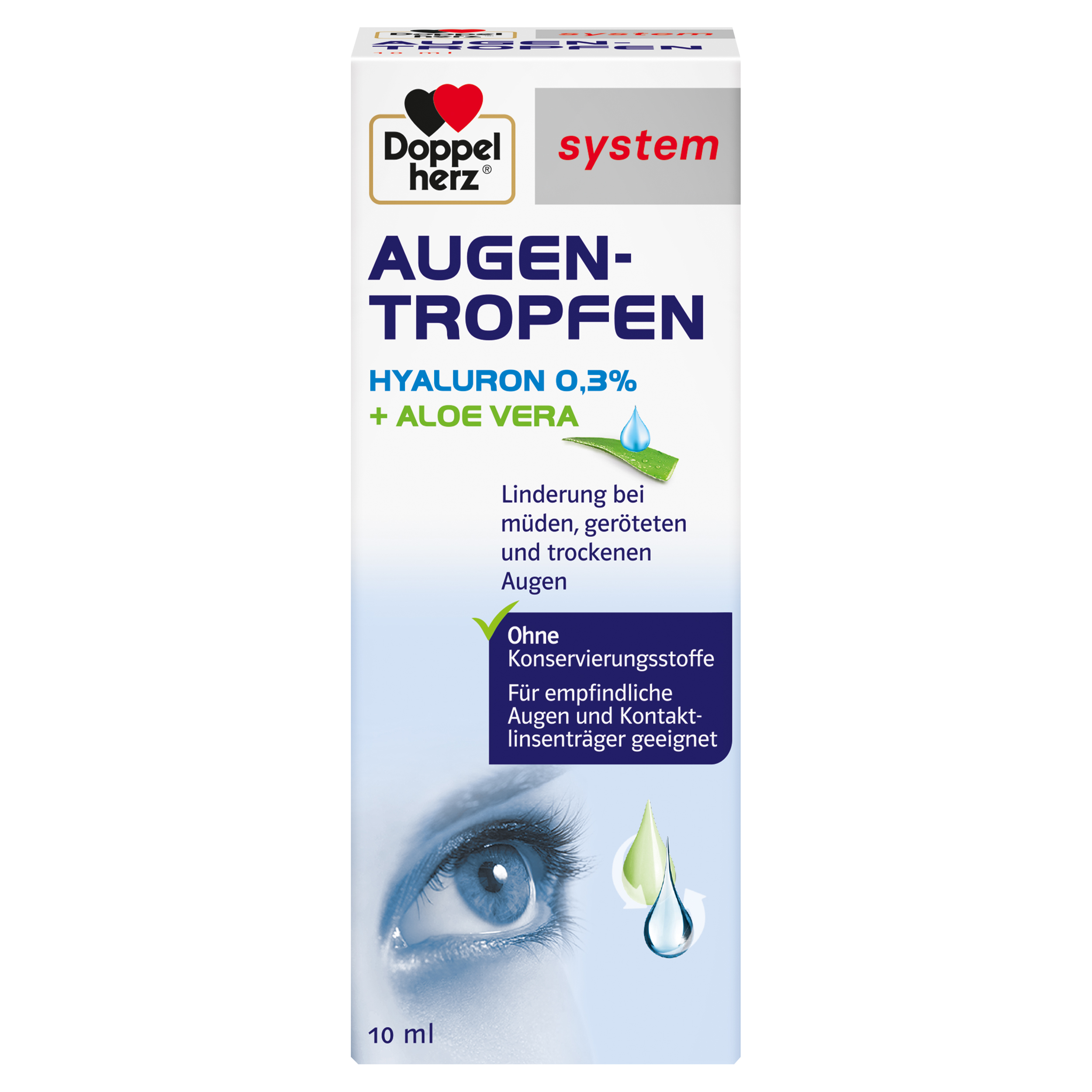 Verpackung der Augentropfen von Doppelherz mit der Bezeichnung "Augentropfen Hyaluron 0,3% + Aloe Vera", 10 ml, zur Linderung bei müden, geröteten und trockenen Augen.