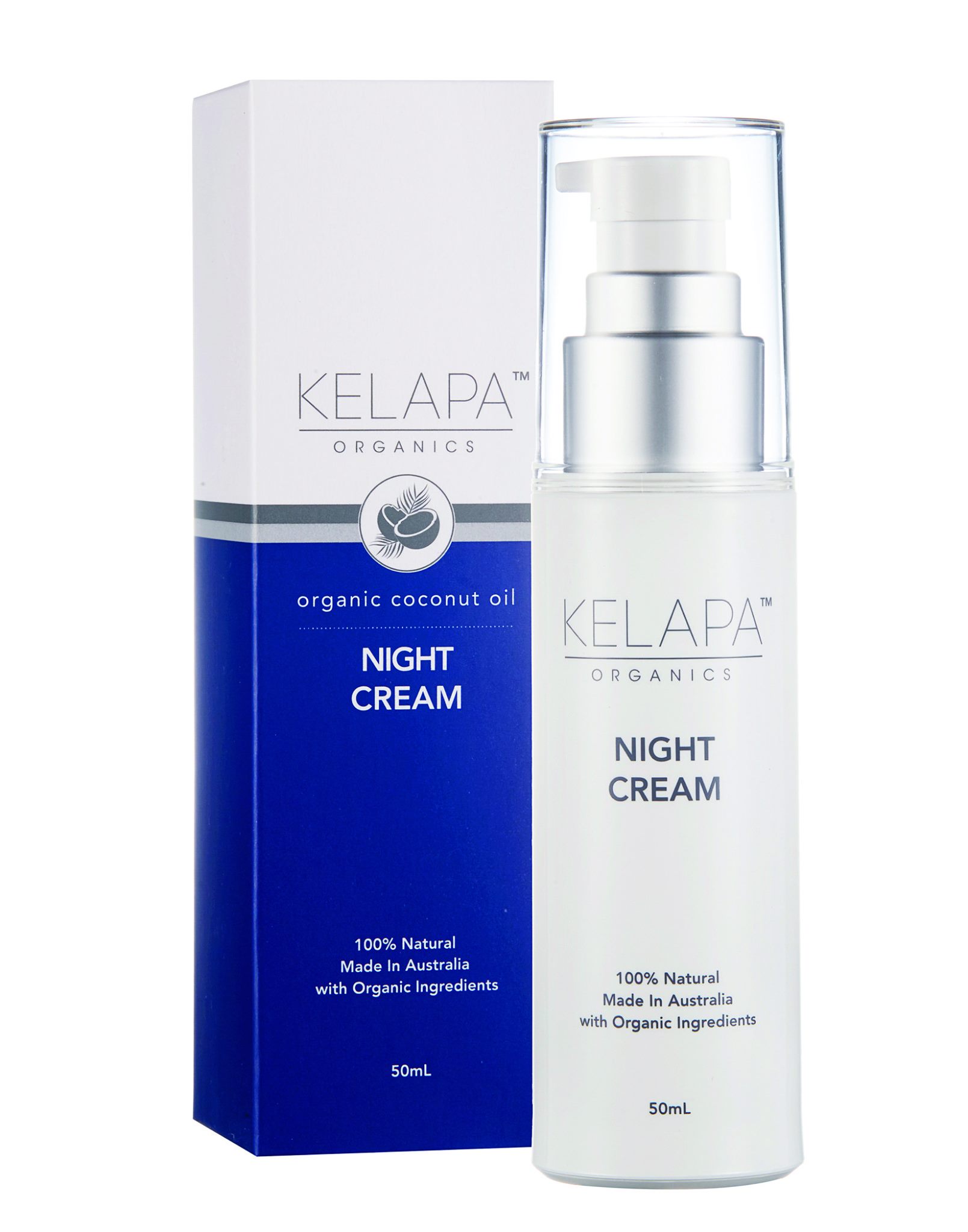 Ein weißer Pumpflakon mit der Aufschrift "Night Cream" und einer blauen Verpackung, auf der ebenfalls "KELAPA" und die Inhaltsstoffe beschrieben sind.