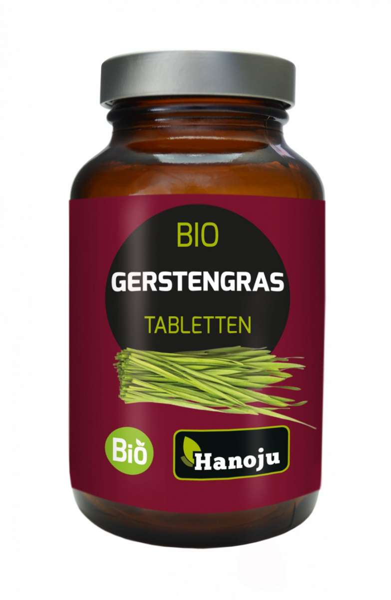 Braunes Glasgefäß mit schwarzem und rotem Etikett, auf dem "BIO GERSTENGRAS TABLETTEN" sowie das Logo "Hanoju" zu sehen ist.
