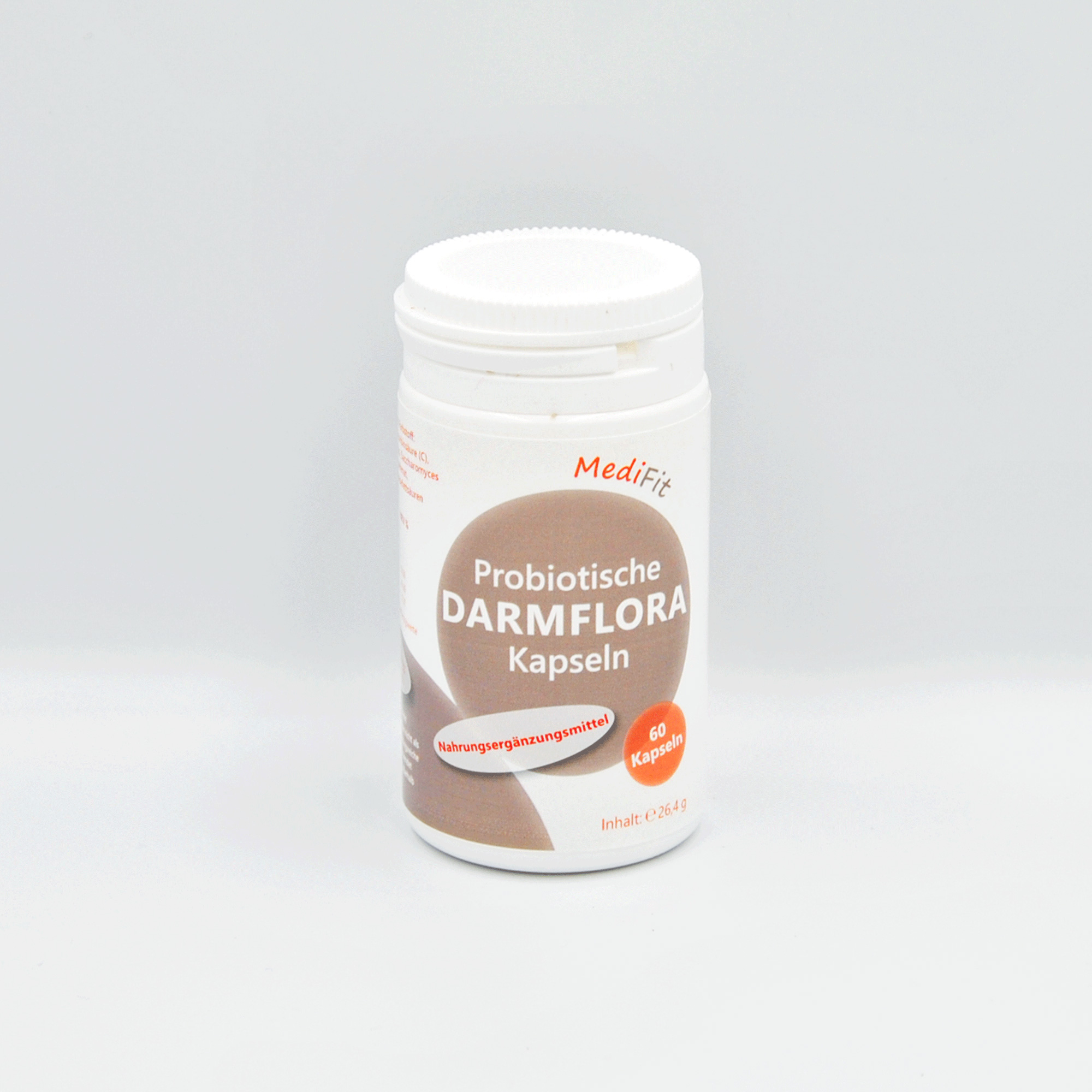 Weißes Fläschchen mit braunen Kapseln, Beschriftung "MediFit Probiotische DARMFLORA Kapseln, 60 Kapseln".