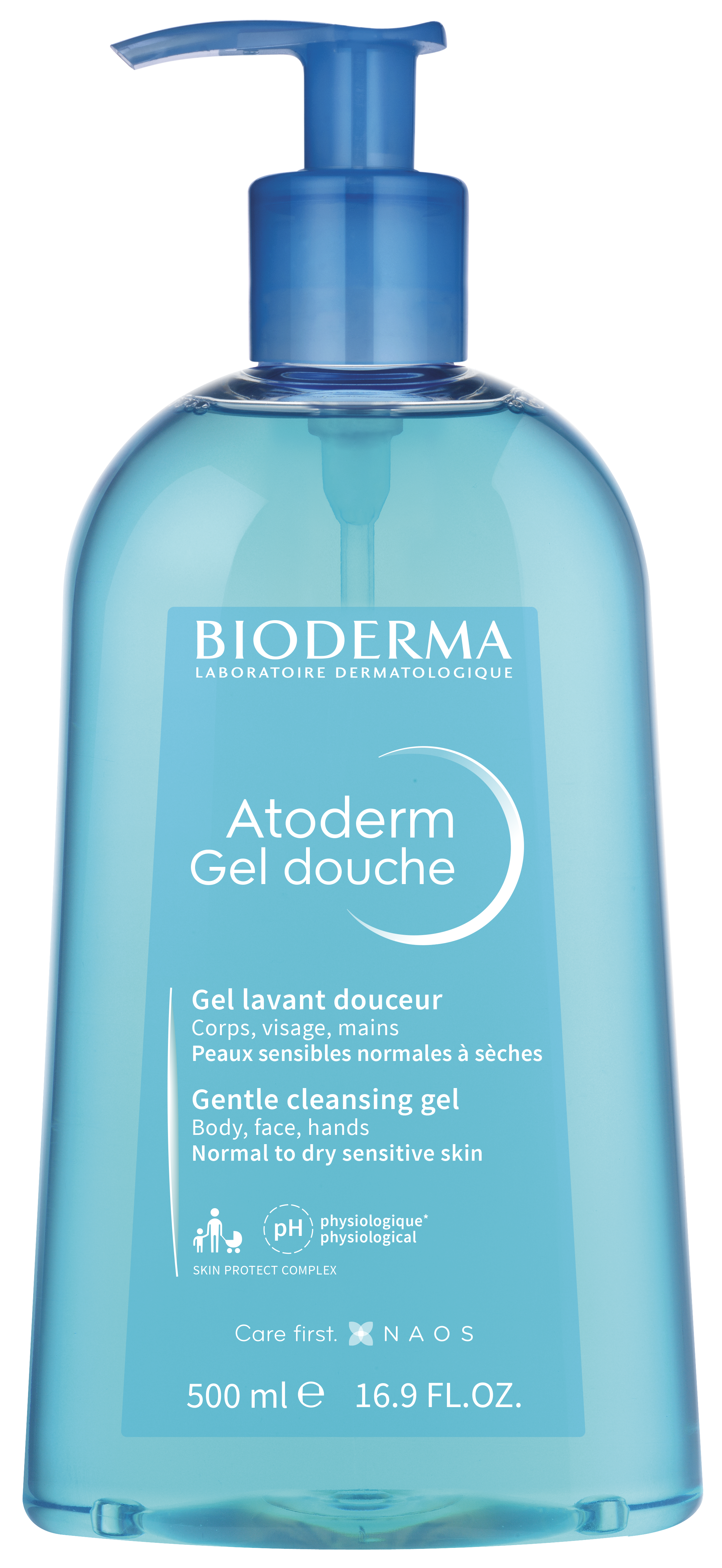 Produktflasche von Bioderma Atoderm Gel douche, 500 ml, mit blauer Flüssigkeit und Pumpverschluss, auf schwarzem Hintergrund.