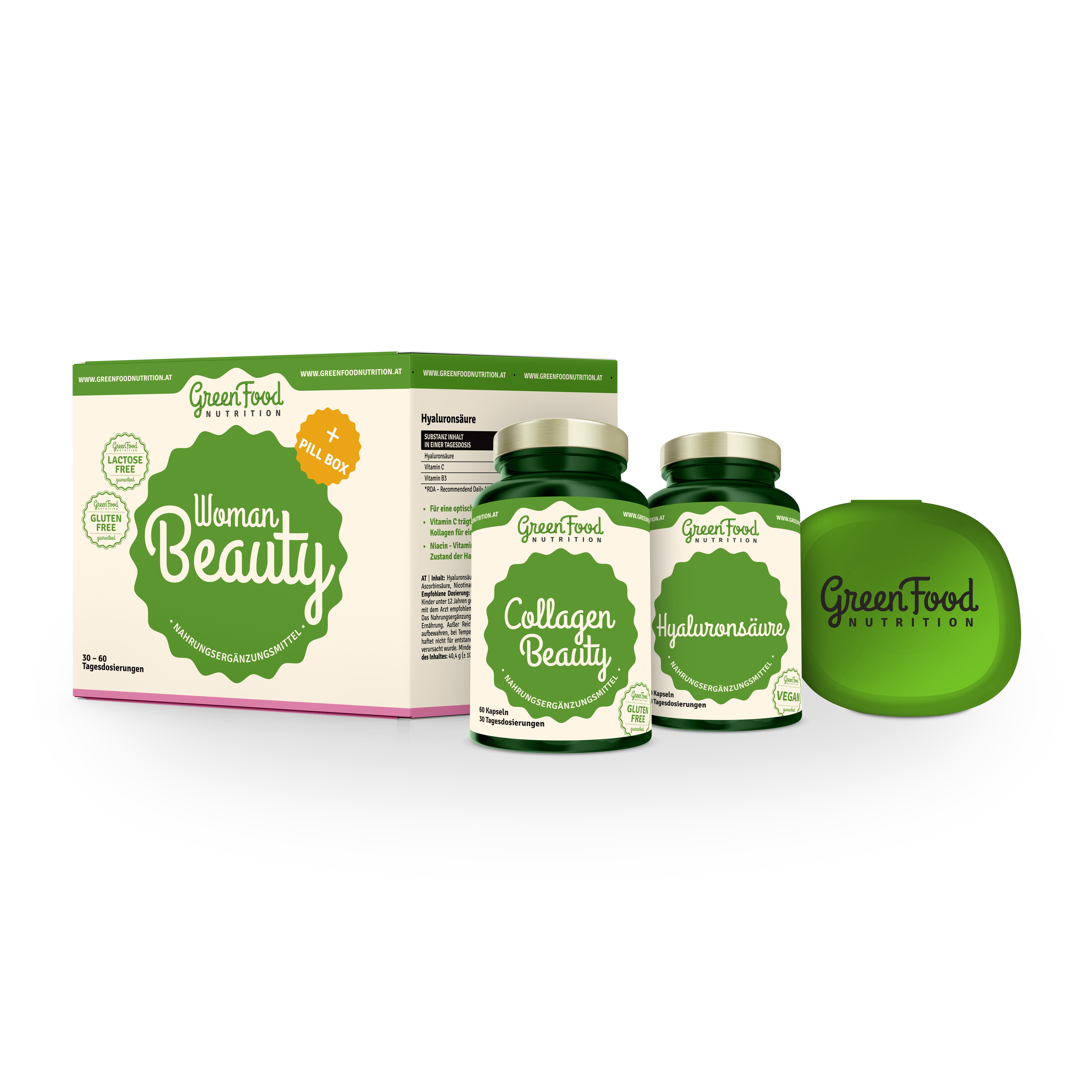 GreenFood Nutrition Woman Beauty + Pillbox ( Collagen + Hyaluronsäure )