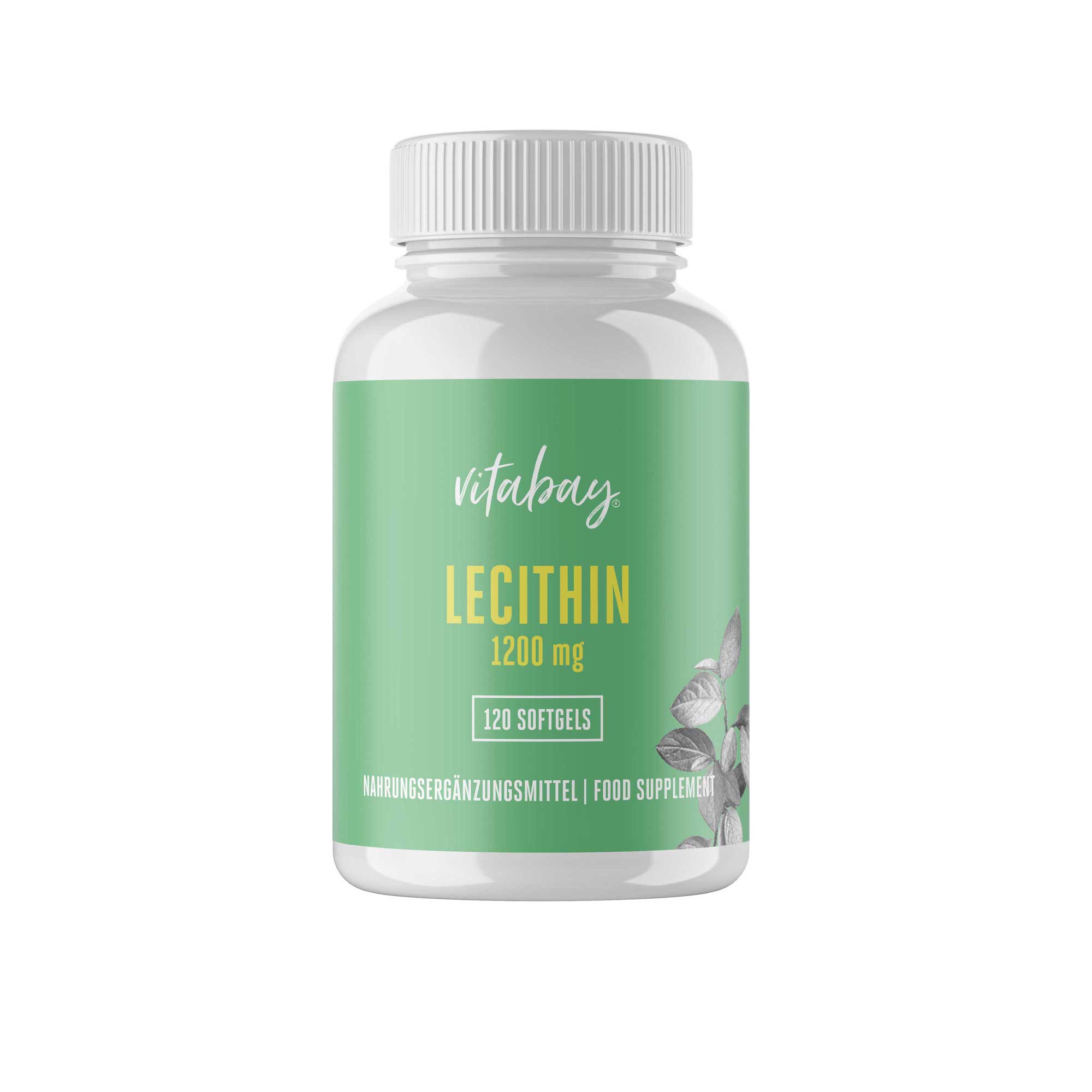 Weißes Fläschchen mit einem grünen Etikett, darauf steht "vitabay Lecithin 1200 mg" und "120 Softgels", darunter der Hinweis "Nahrungsergänzungsmittel".