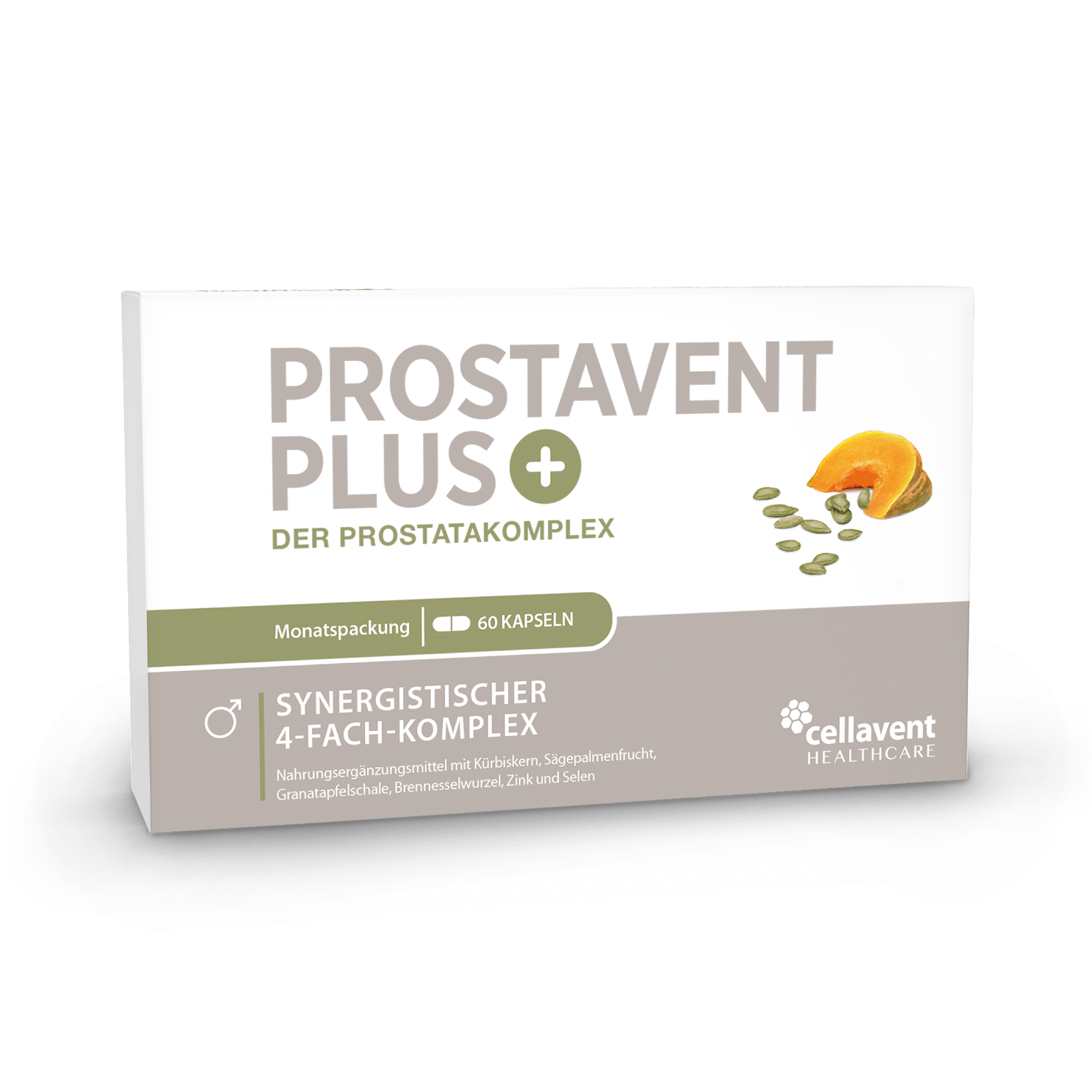 Packung des Produkts "Prostavent Plus" mit dem Zusatz "Der Prostatakomplex", 60 Kapseln, von Cellavent Healthcare.