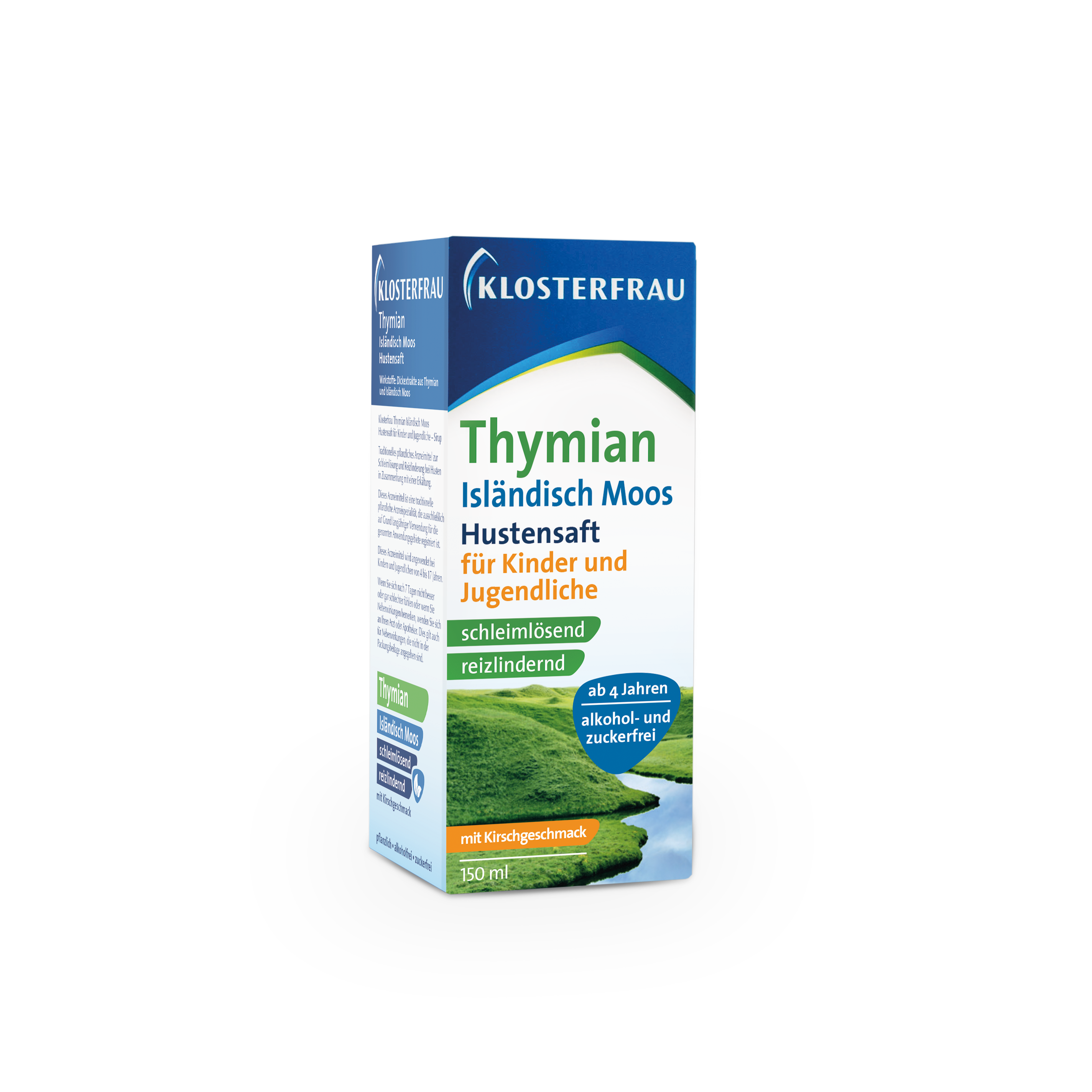 Verpackung von Klosterfrau Thymian Isländisch Moos Hustenstift für Kinder, 150 ml.