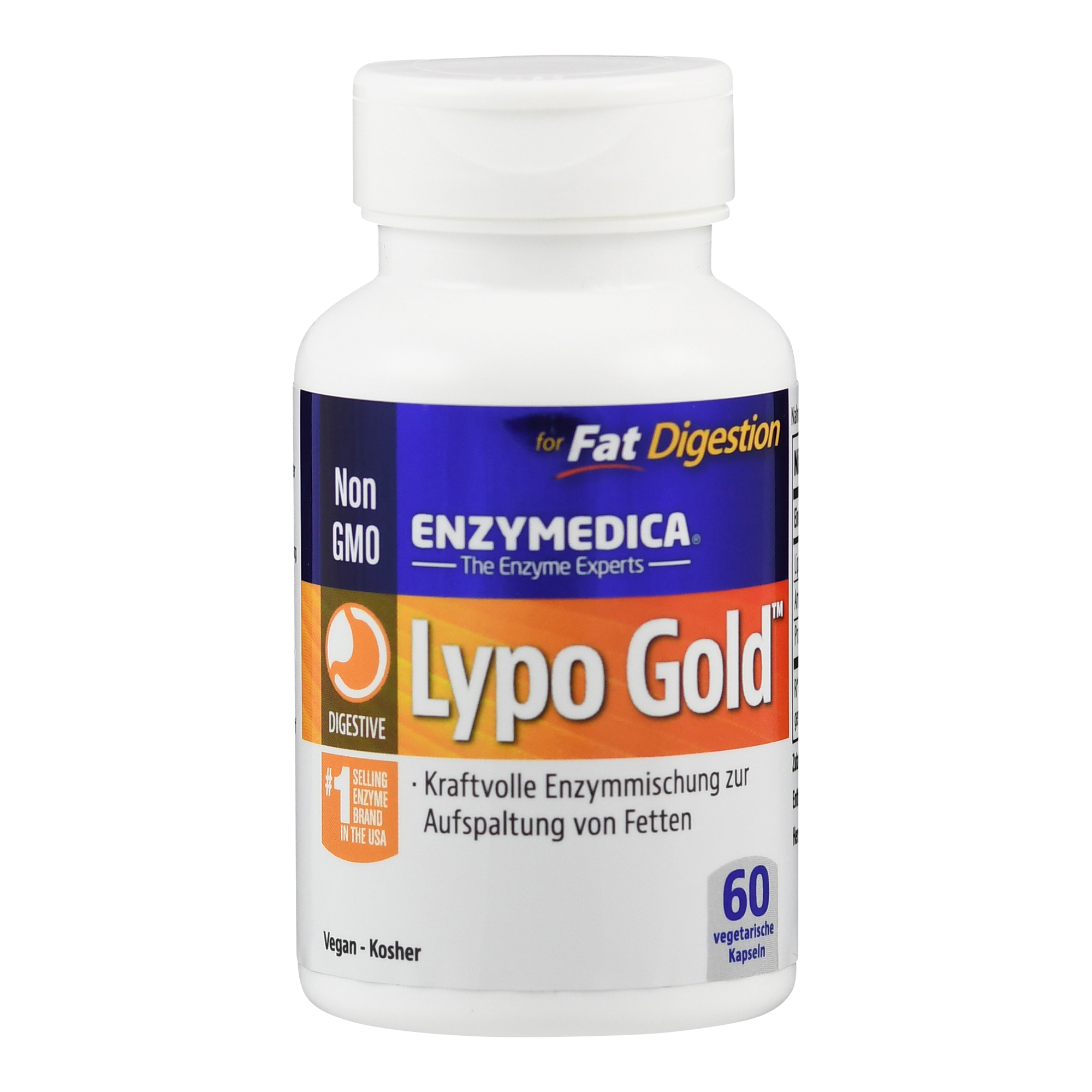 Weißes Fläschchen mit der Aufschrift "Lypo Gold" und einer Beschreibung für die Verdauung von Fetten, enthält 60 vegetarische Kapseln.