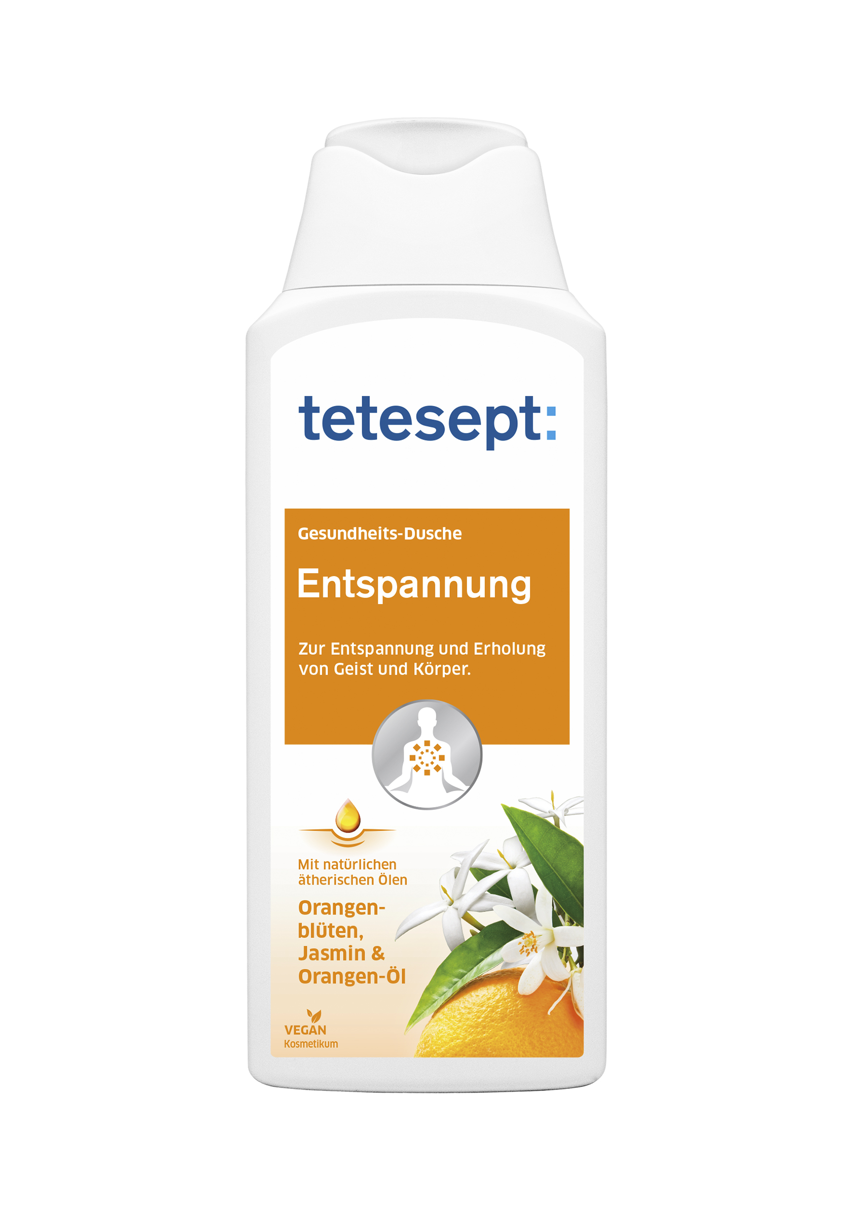 Flasche mit tetesept Gesundheits-Dusche "Entspannung", die orangefarbene Blüten und Öle zeigt, mit Beschreibung zur Entspannung von Geist und Körper.