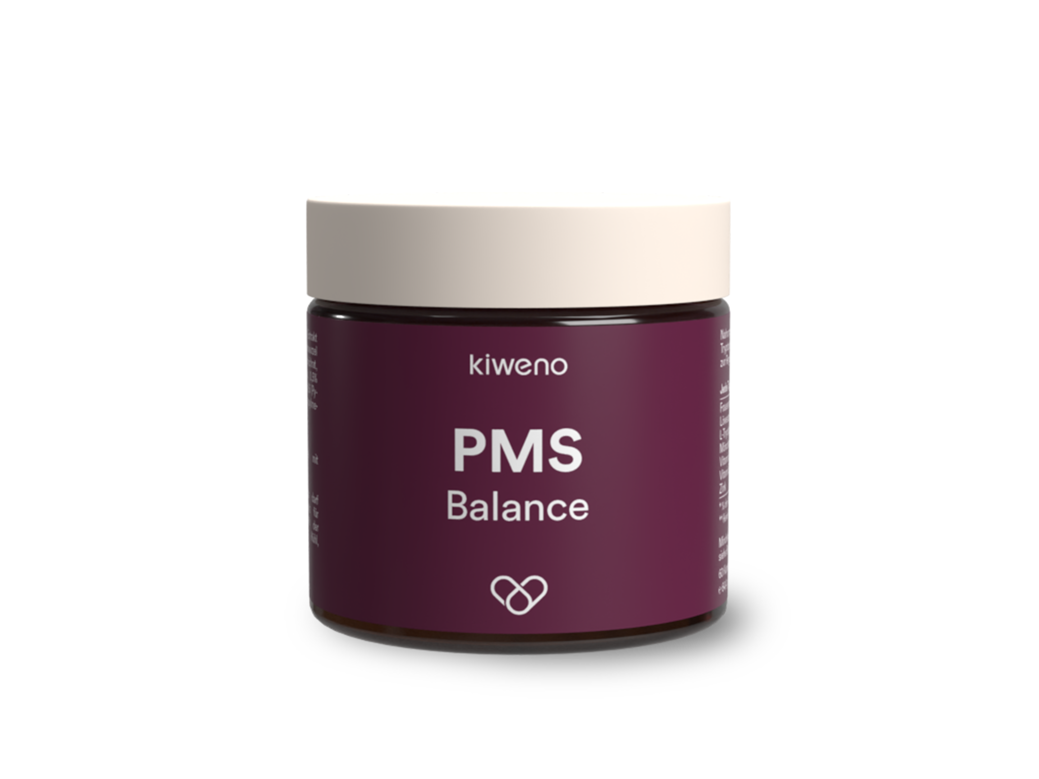 Braunglasgefäß mit schwarzer Schrift „PMS Balance“ und weißem Deckel.