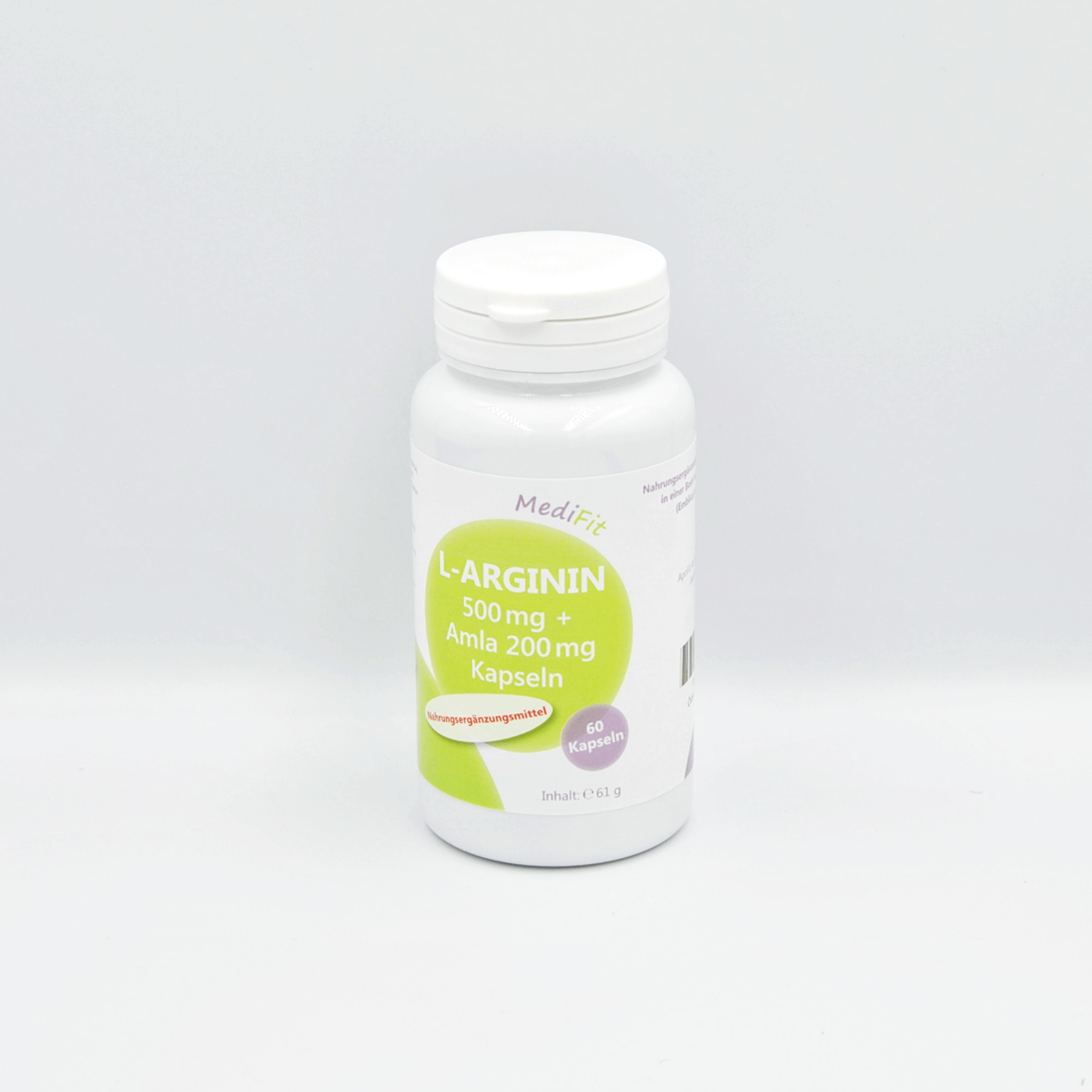 Weiße Flasche mit Kapseln, beschriftet mit "L-ARGININ 500 mg + Amla 200 mg", 60 Kapseln.