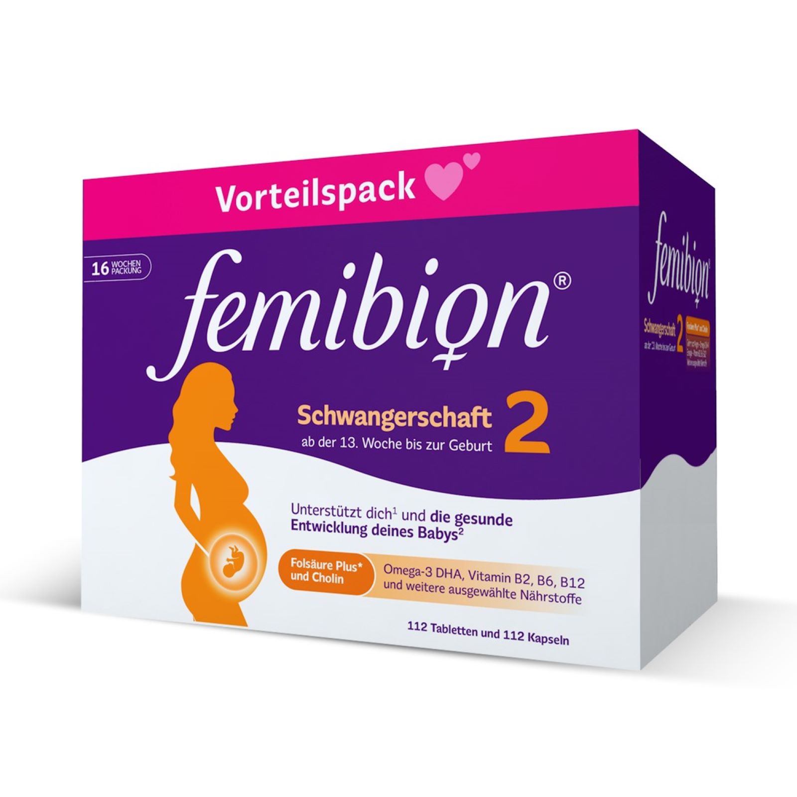 Verpackung des Produkts "femibion Schwangerschaft 2" im Vorteilspack mit der Aufschrift zur Unterstützung während der Schwangerschaft.