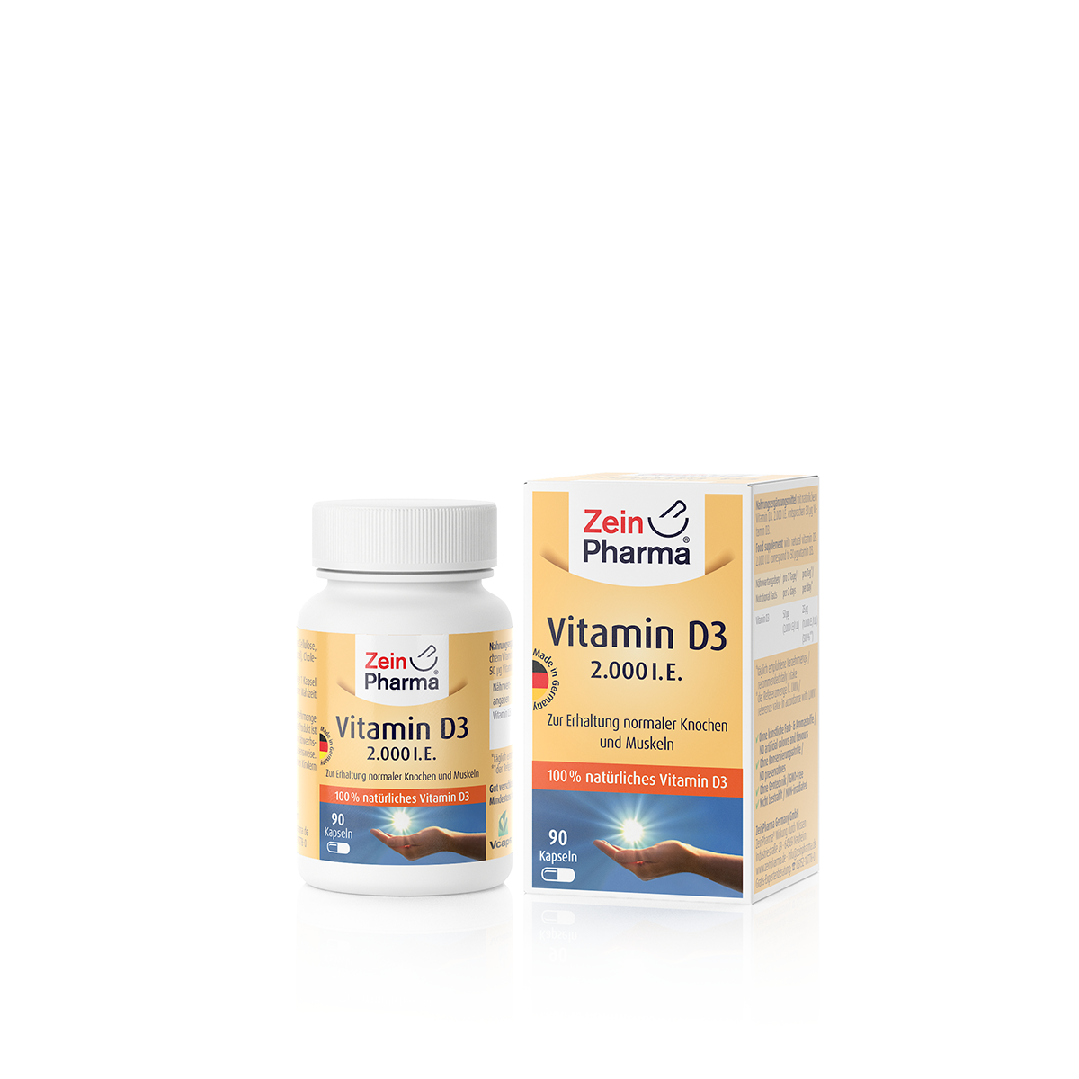 Produktabbildung von Zein Pharma Vitamin D3, inklusive Flasche mit 90 Kapseln und Verpackung.