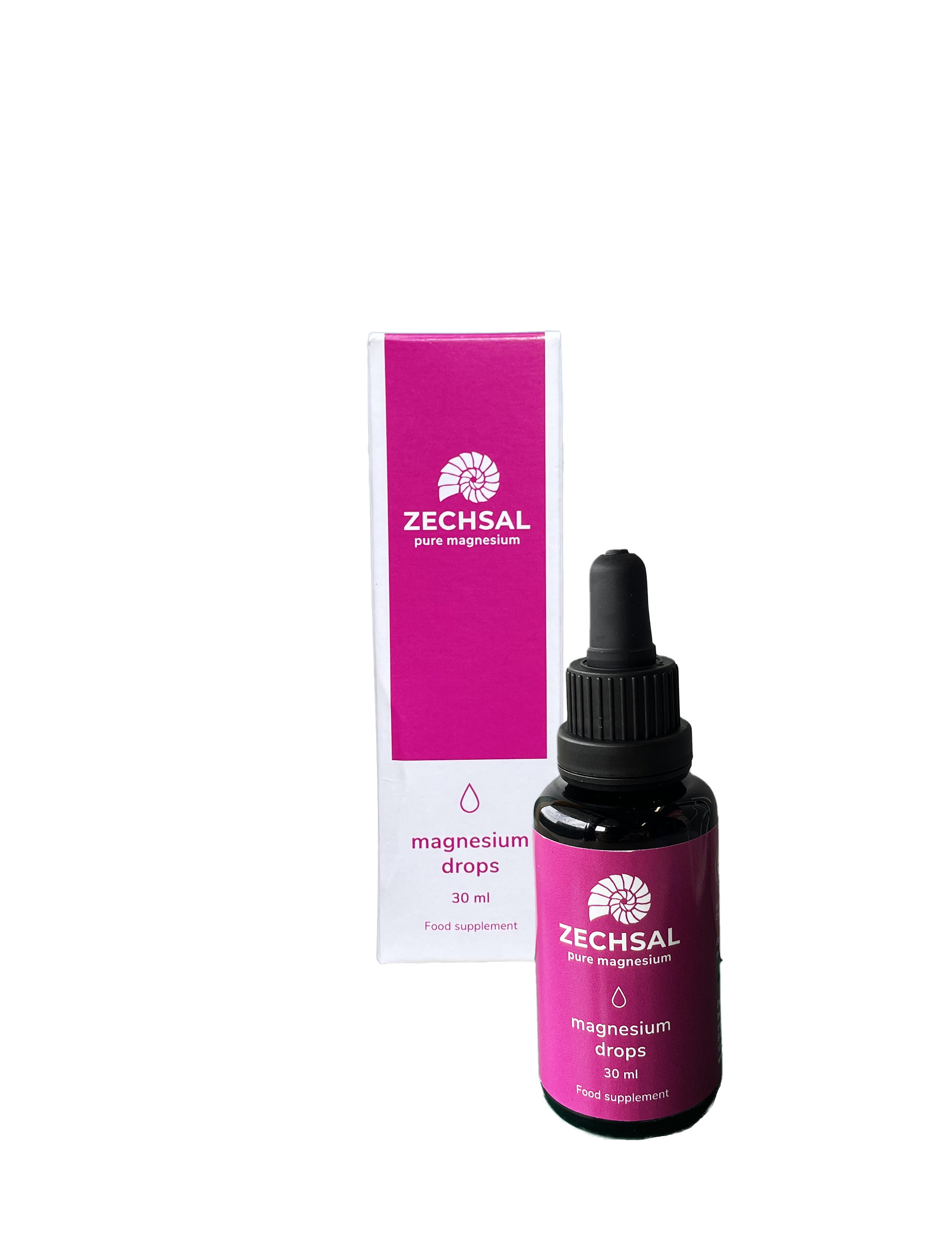 Eine schwarze Verpackung mit einem Tropferfläschchen für Magnesium-Tropfen und einer weißen Box mit pinkem Logo und Text „ZECHSAL pure magnesium“.