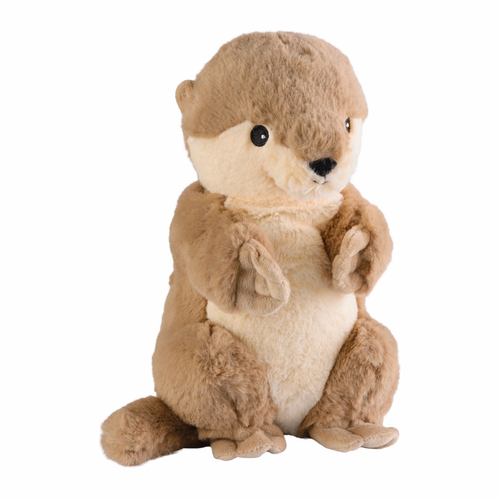 Ein sitzendes, kuscheliges Plüschotter mit braunem und beigem Fell.